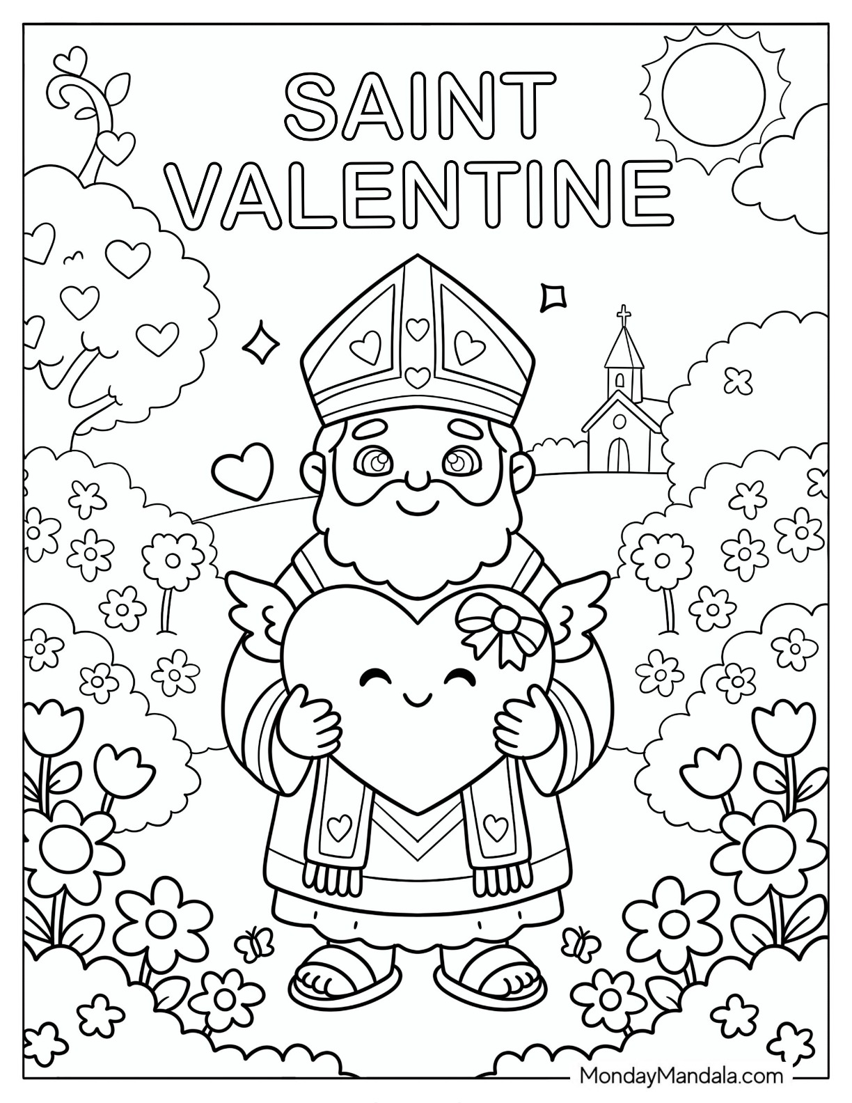 Kawaii Saint Coloring Page of Valentine Holding a Heart with Wings for Kids