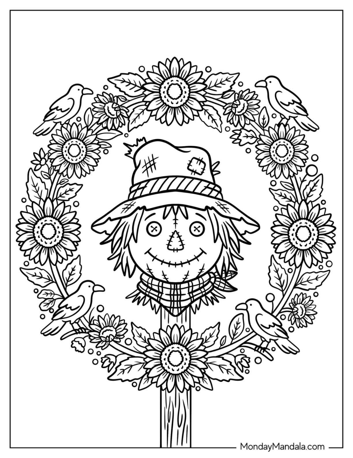 Kawaii Scarecrow in Flower and Birds Halloween Mandala Coloring Page for Kids