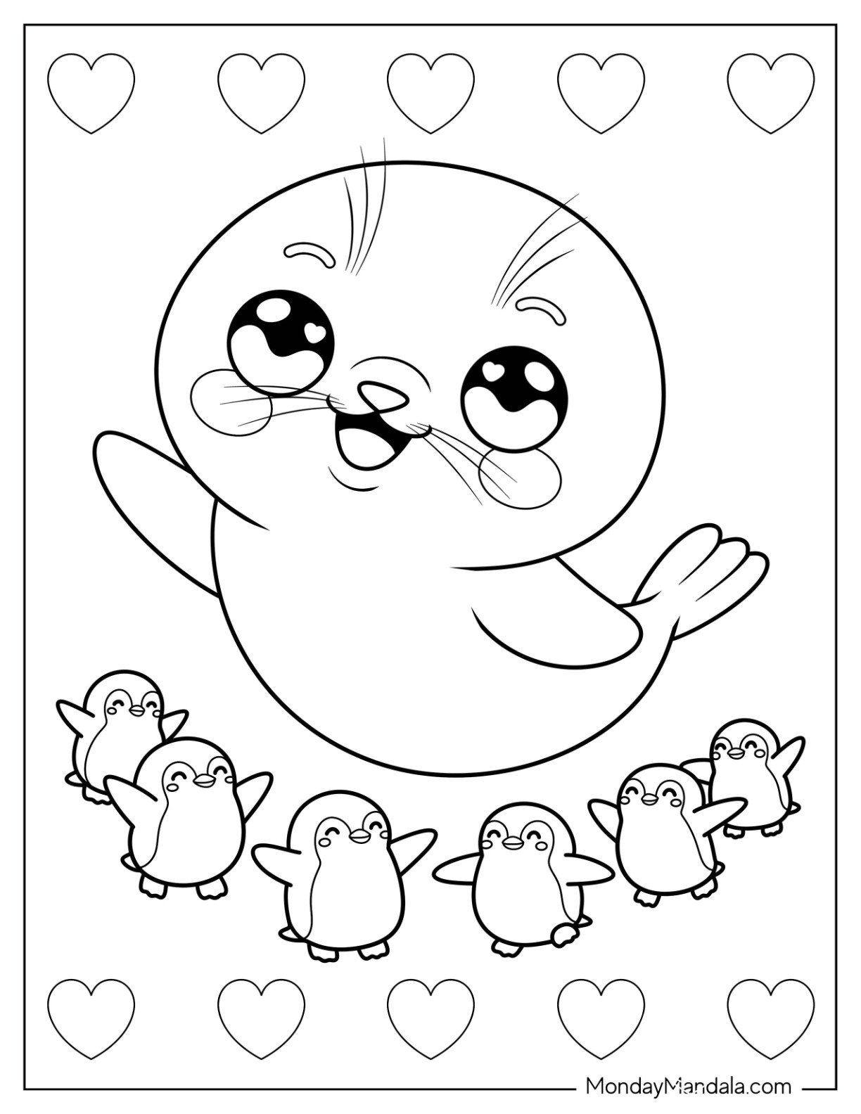 Kawaii Seal Coloring Page Waving for Preschoolers