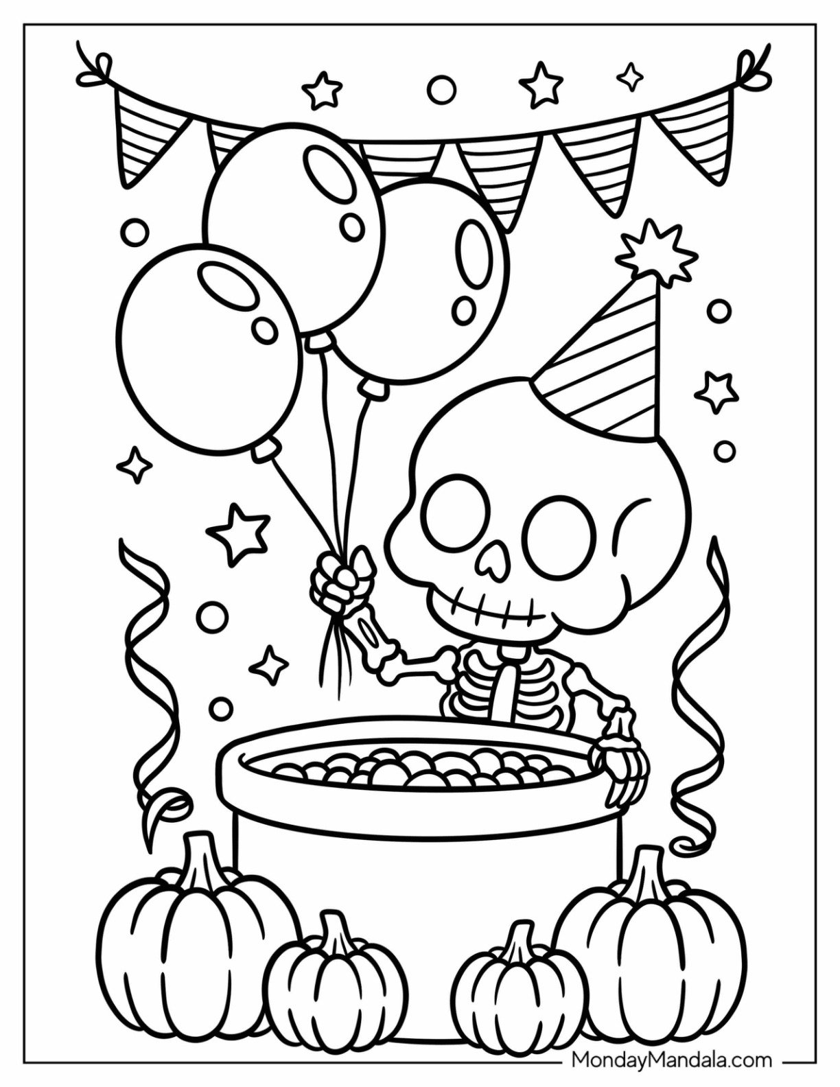 Kawaii Skeleton Coloring Page Birthday Party with Balloons and Pumpkins for Preschoolers