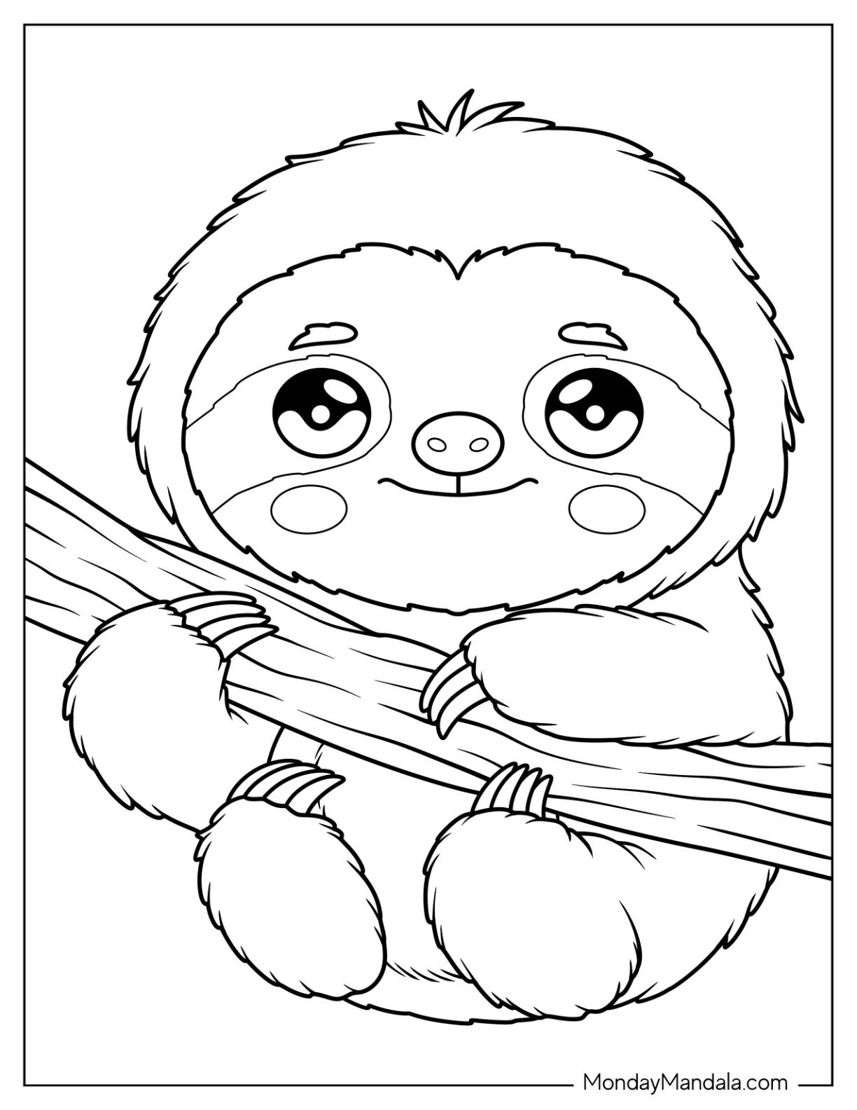 Kawaii Smiling Sloth Hanging onto a Tree Branch Jungle Coloring Page for Preschoolers