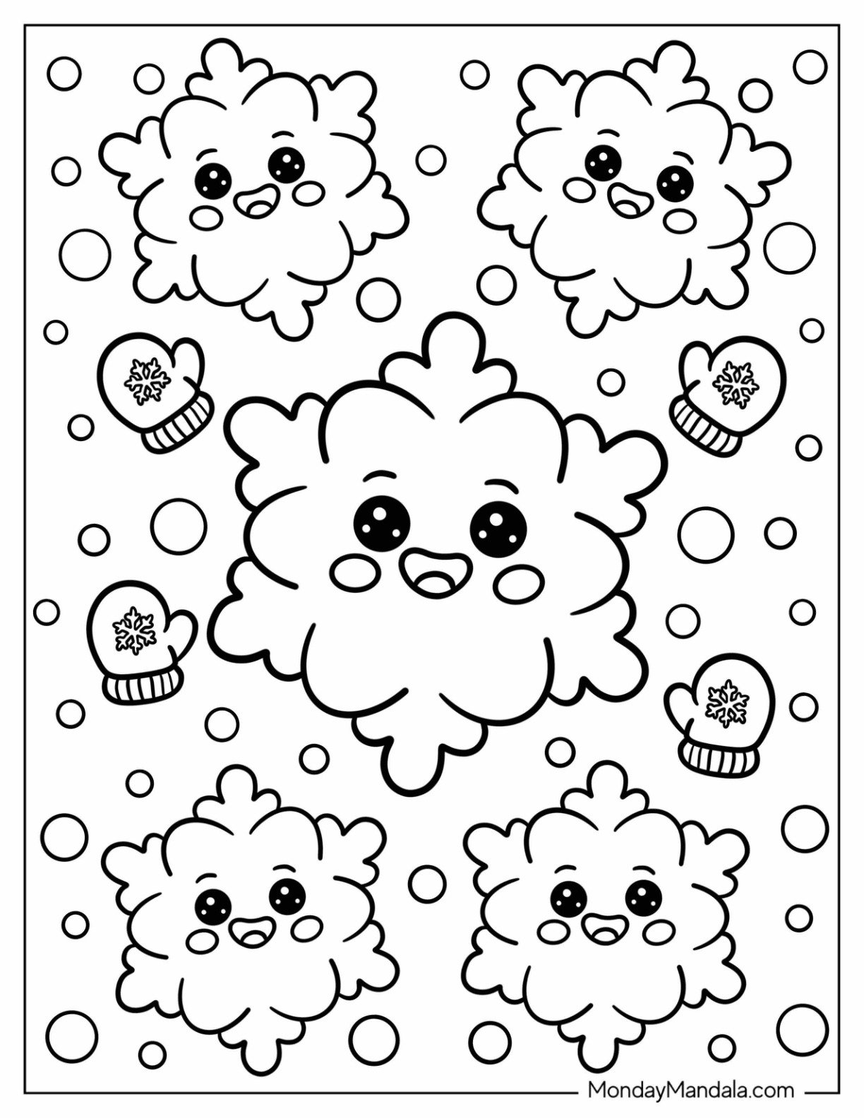 Kawaii Snowflake Coloring Page Characters and Polka Dots for Preschoolers
