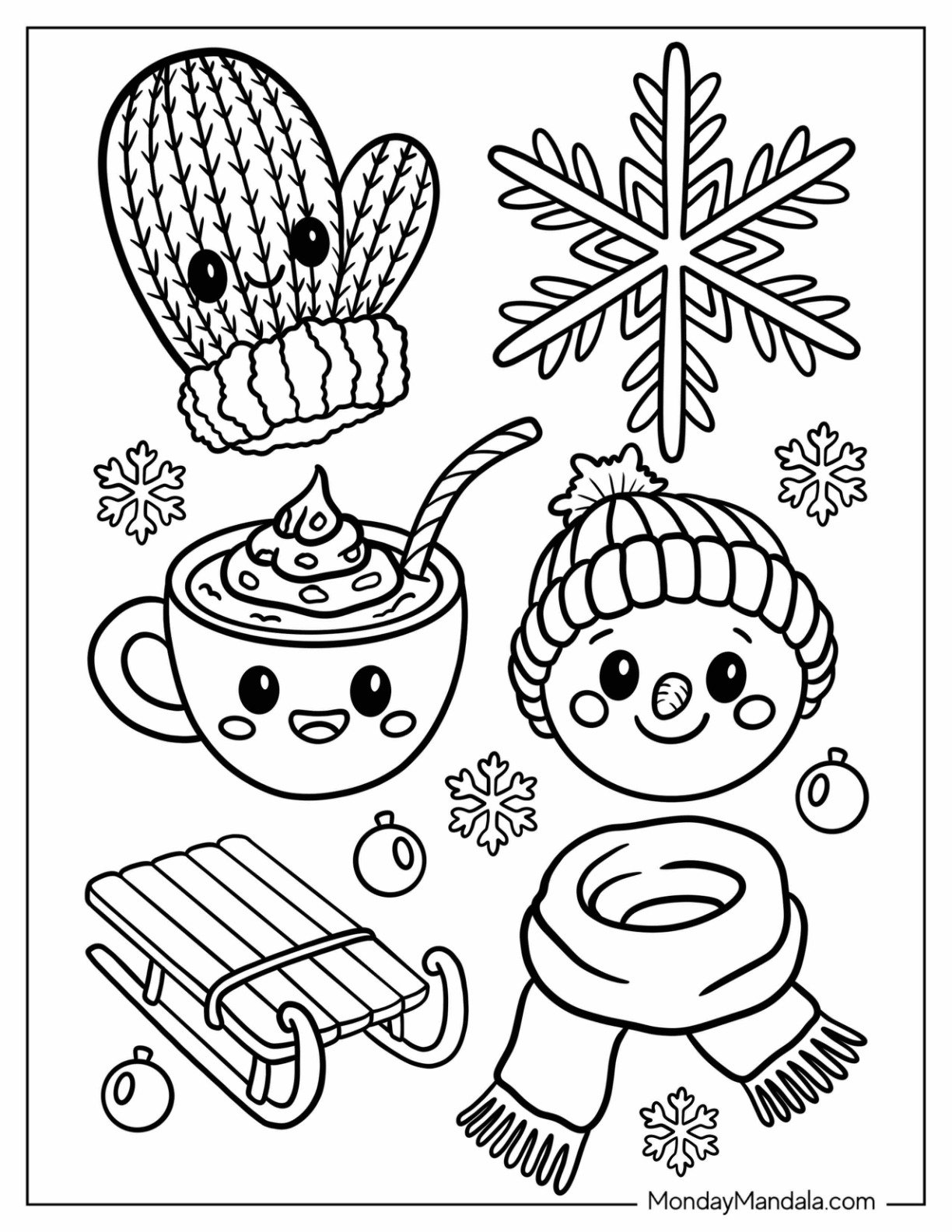 Kawaii Snowflake Coloring Page of Snowman, Sled, and Cozy Scarf Winter for Kids