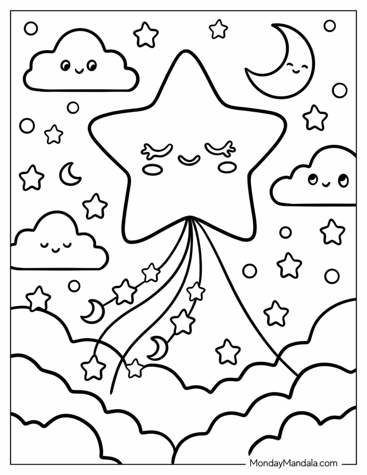 Kawaii Star Kite Coloring Page in the Night Sky for Kids