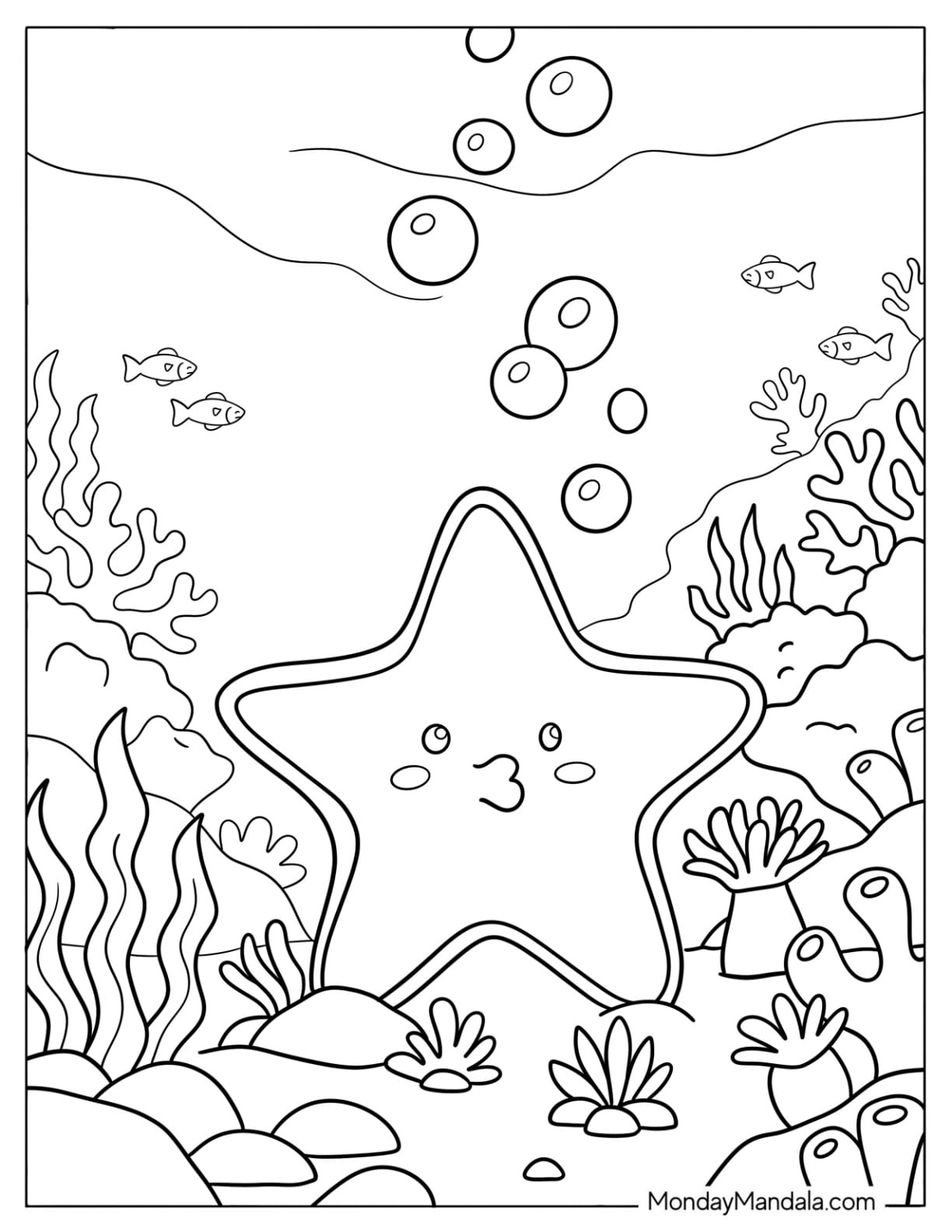 Kawaii Starfish with Puckered Lips Coloring Sheet for Kids