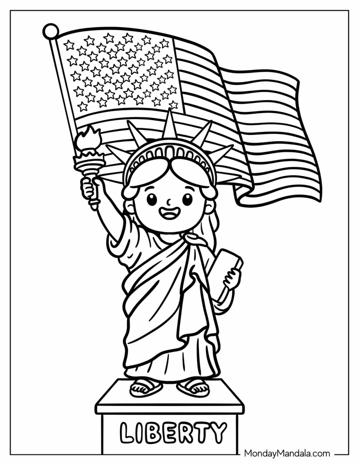 Kawaii Statue of Liberty Holding an American Flag Coloring Page for Kids