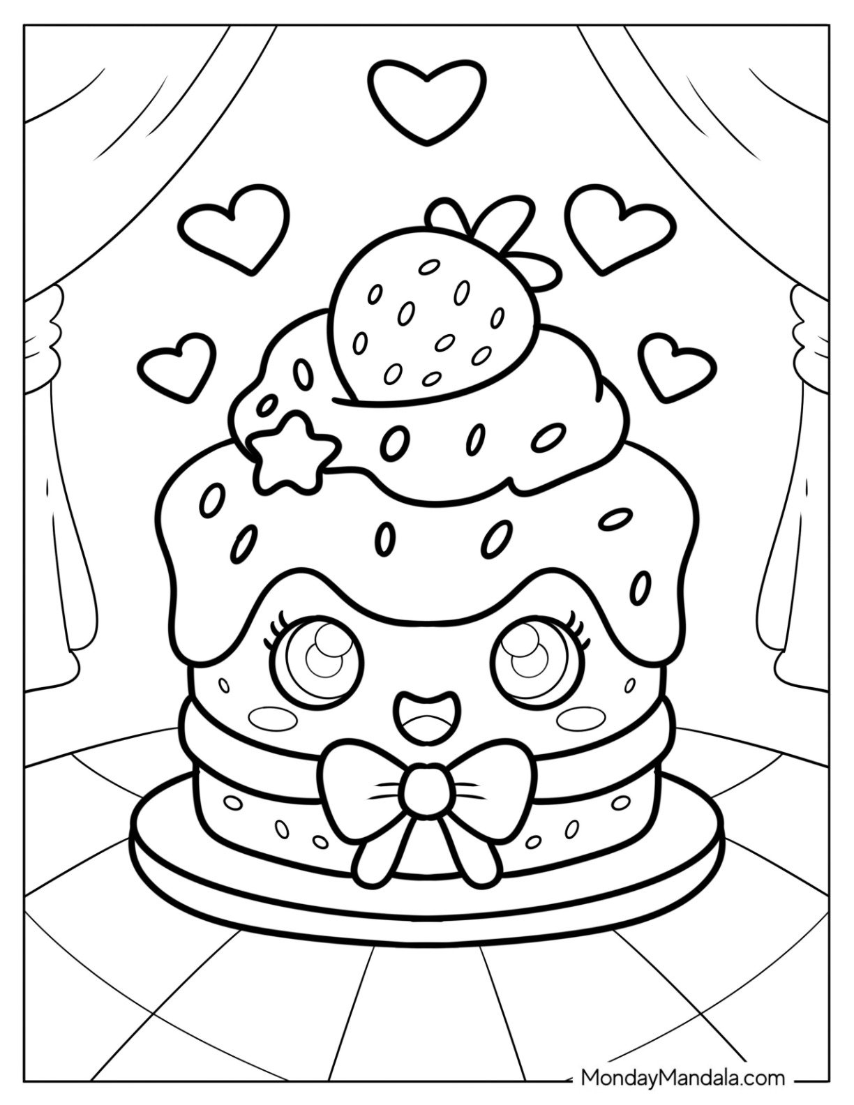 Kawaii Strawberry Cake Coloring Page with Smiling Face and Bow for Preschoolers