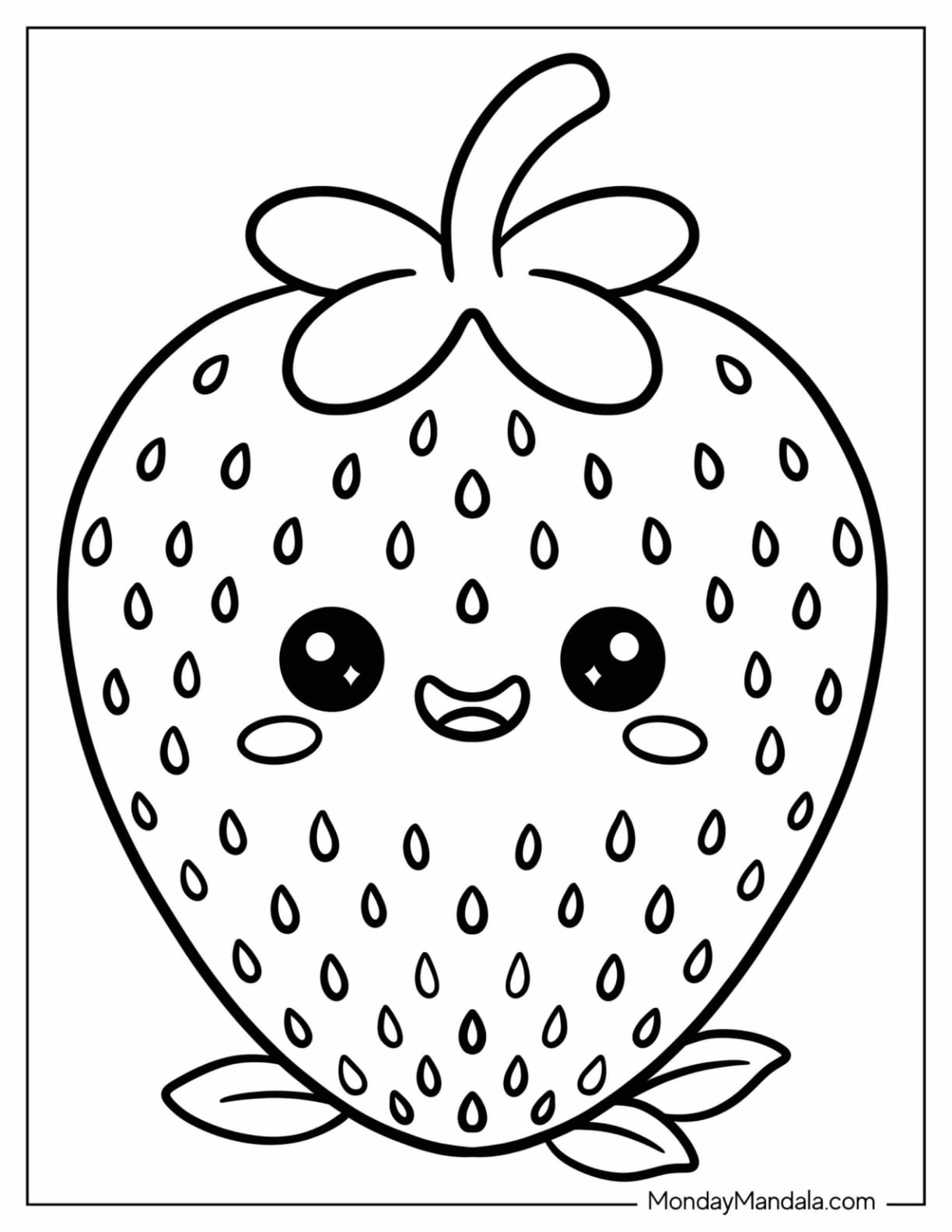 Kawaii Strawberry with Cartoon Face Coloring Page for Preschoolers