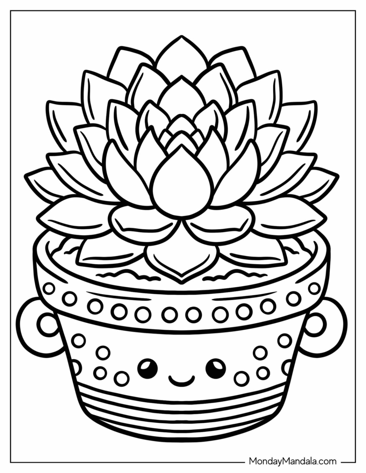 Kawaii Succulent in a Smiling Decorative Pot Coloring Page for Kids
