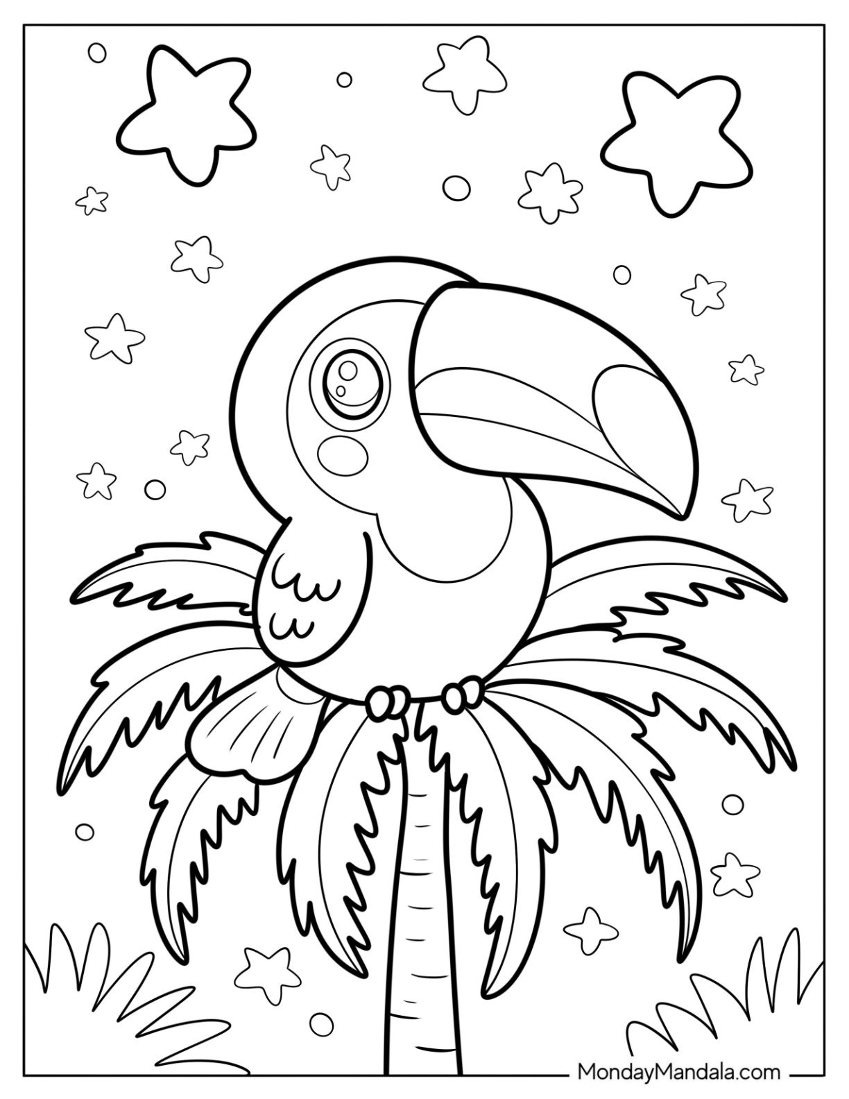 Kawaii Toucan Coloring Page Sitting on Top of a Coconut Tree for Preschoolers