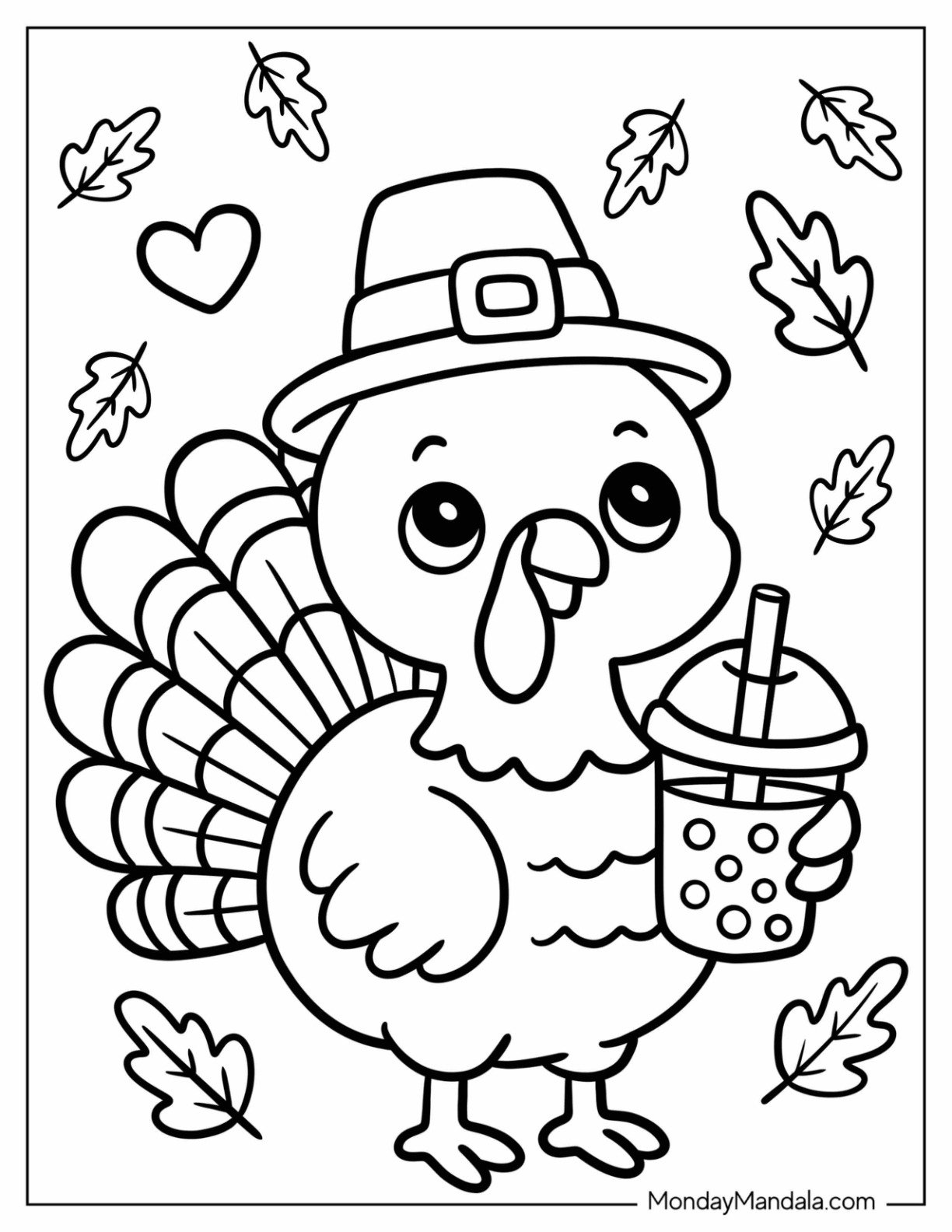 Kawaii Turkey Coloring Page Drinking Boba Tea for Kids