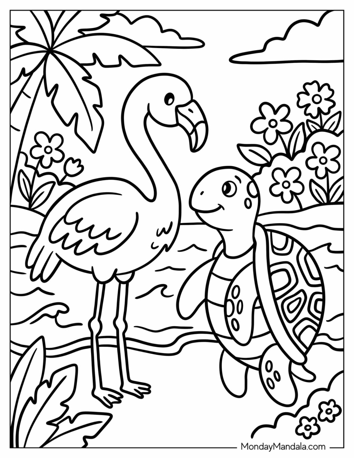 Kawaii Turtle Making Friends with a Flamingo Coloring Page for Kids