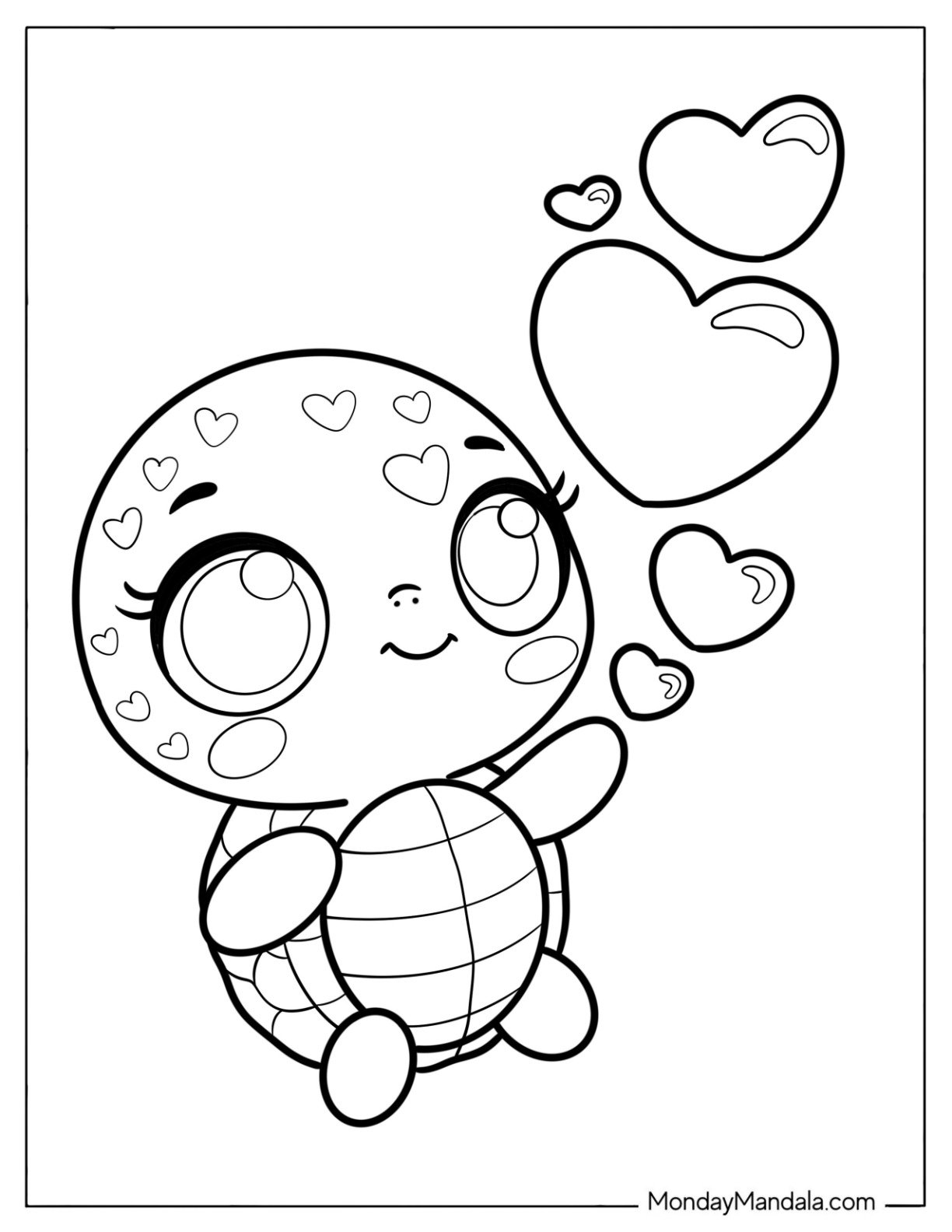 Kawaii Turtle Coloring Page with Love Hearts for Preschoolers