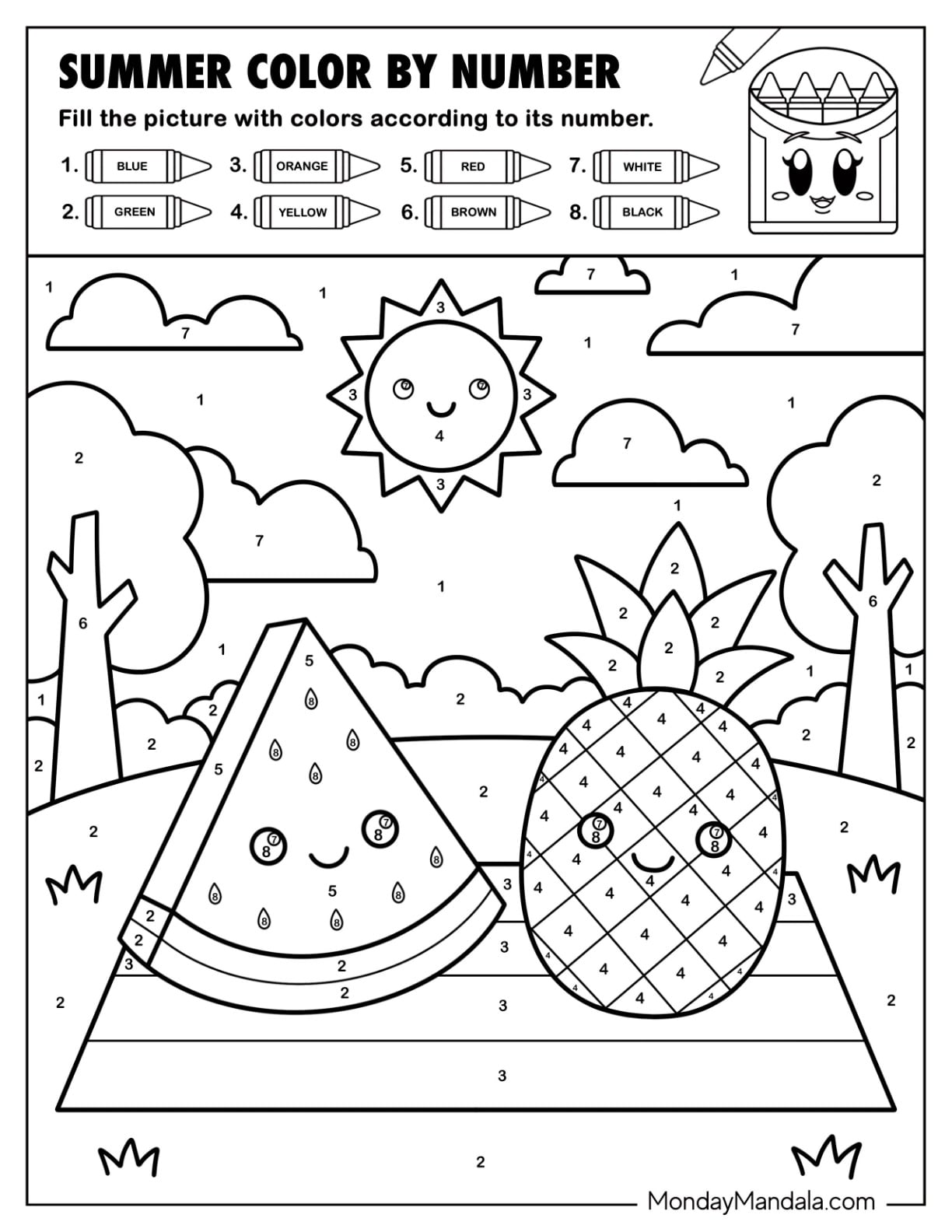 Kawaii Watermelon Slice and Pineapple Summer Color by Number
