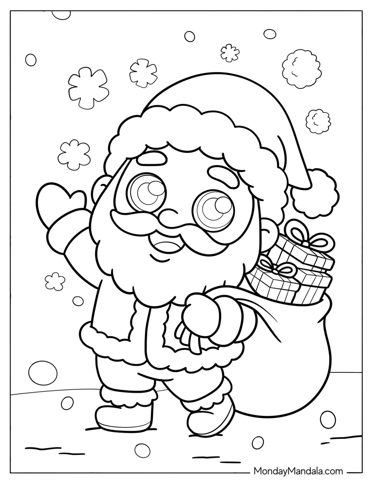 Kawaii Waving Santa with Sack of Presents Coloring Page for Preschoolers