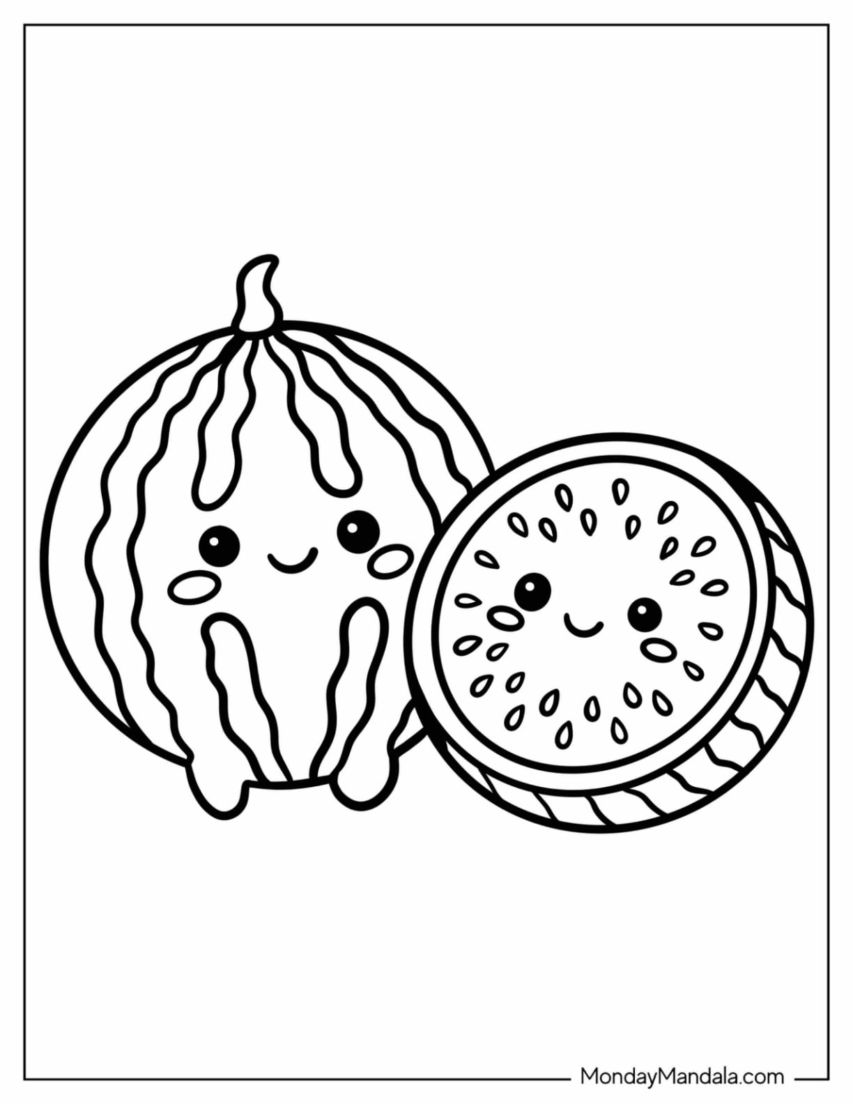 Kawaii Whole and Halved Watermelon Pair Coloring Page for Preschoolers