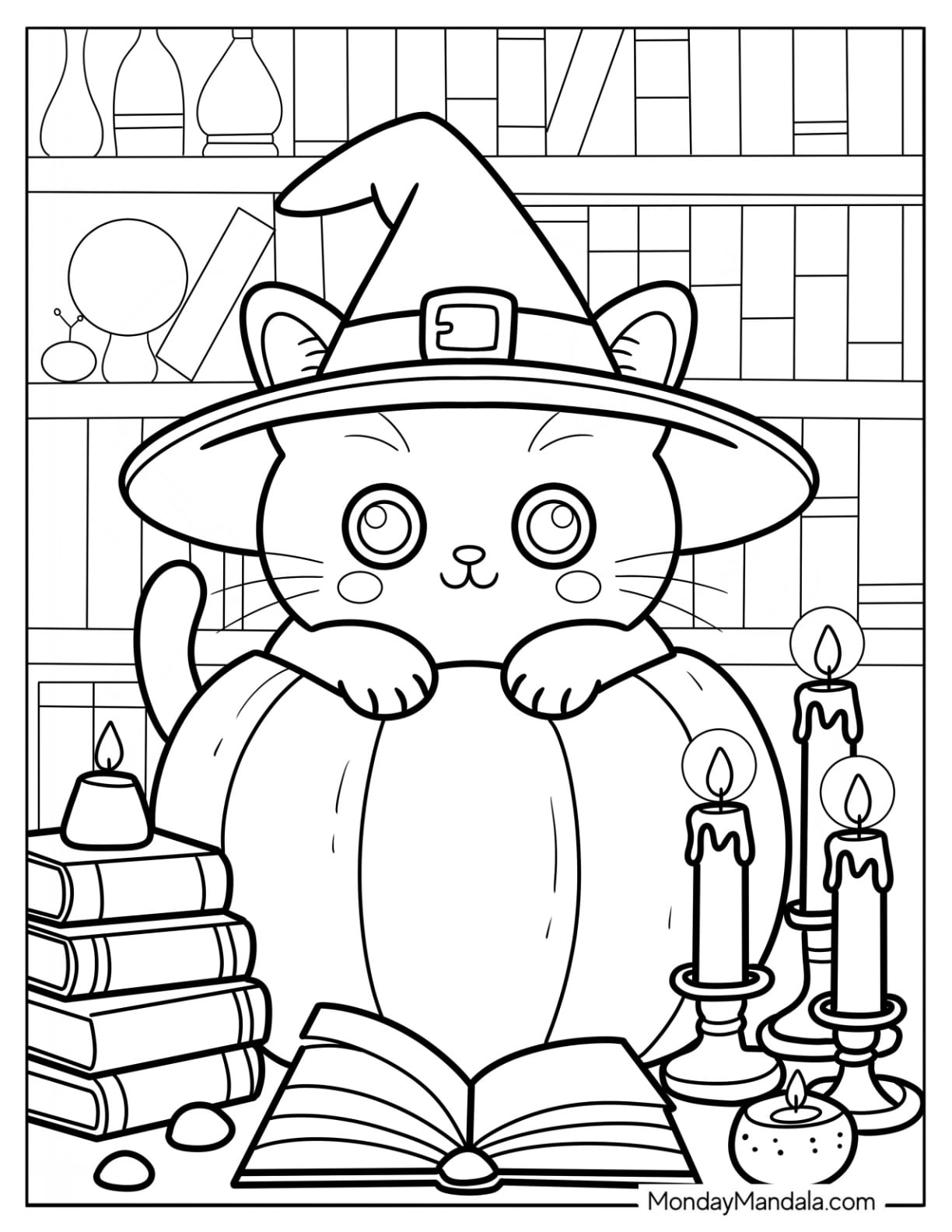 Kawaii Witch Halloween Cat Coloring Page Leaning on a Pumpkin in Candlelit Library for Kids