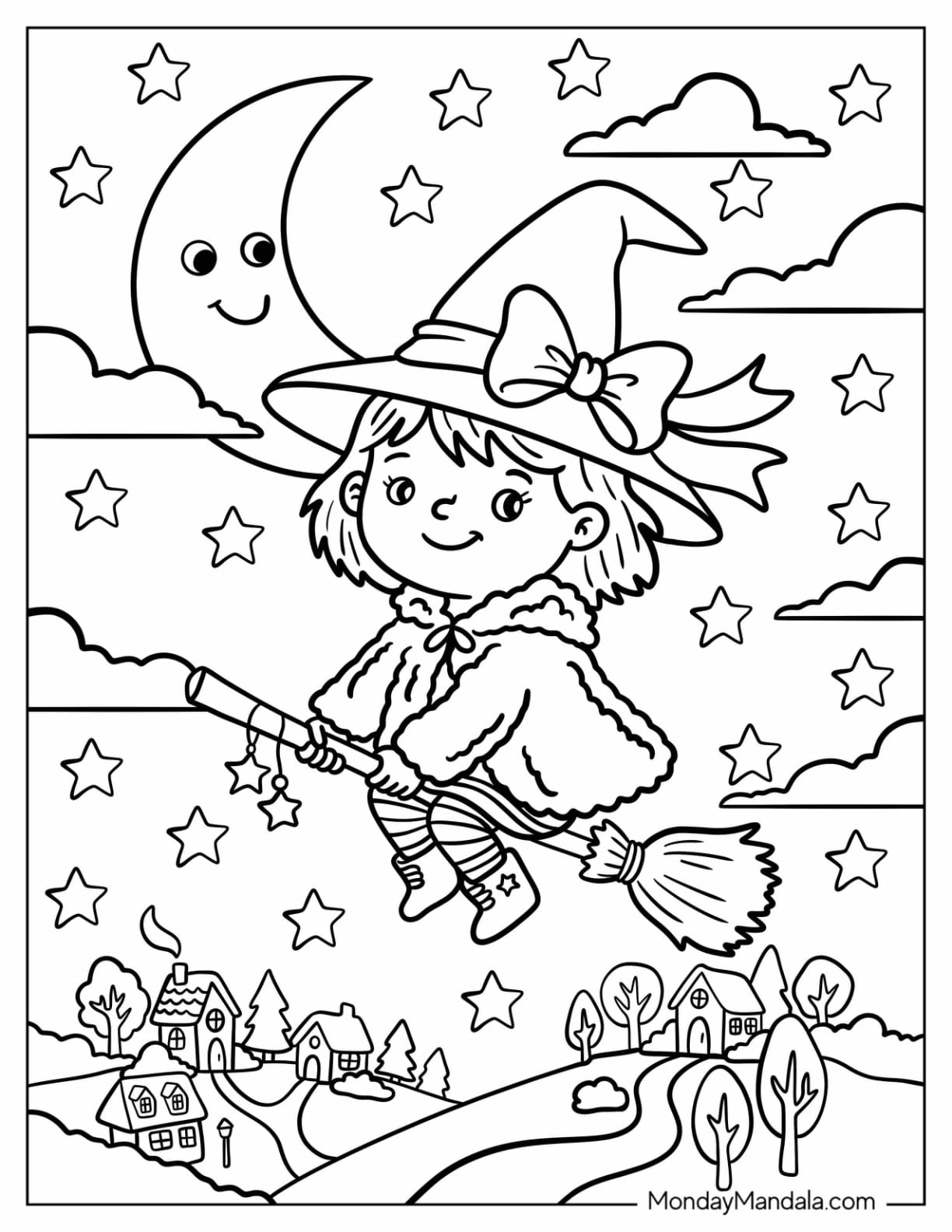 Kawaii Witch Flying on a Magical Broom at Night Coloring Page