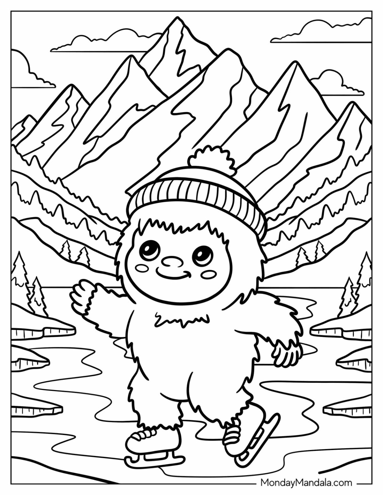 Bigfoot And Yeti Coloring Page of Kawaii Yeti Ice Skating for Preschoolers