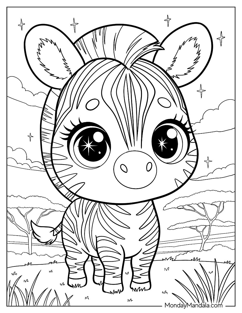 Kawaii Zebra Coloring Page with Starry Eyes for Kids