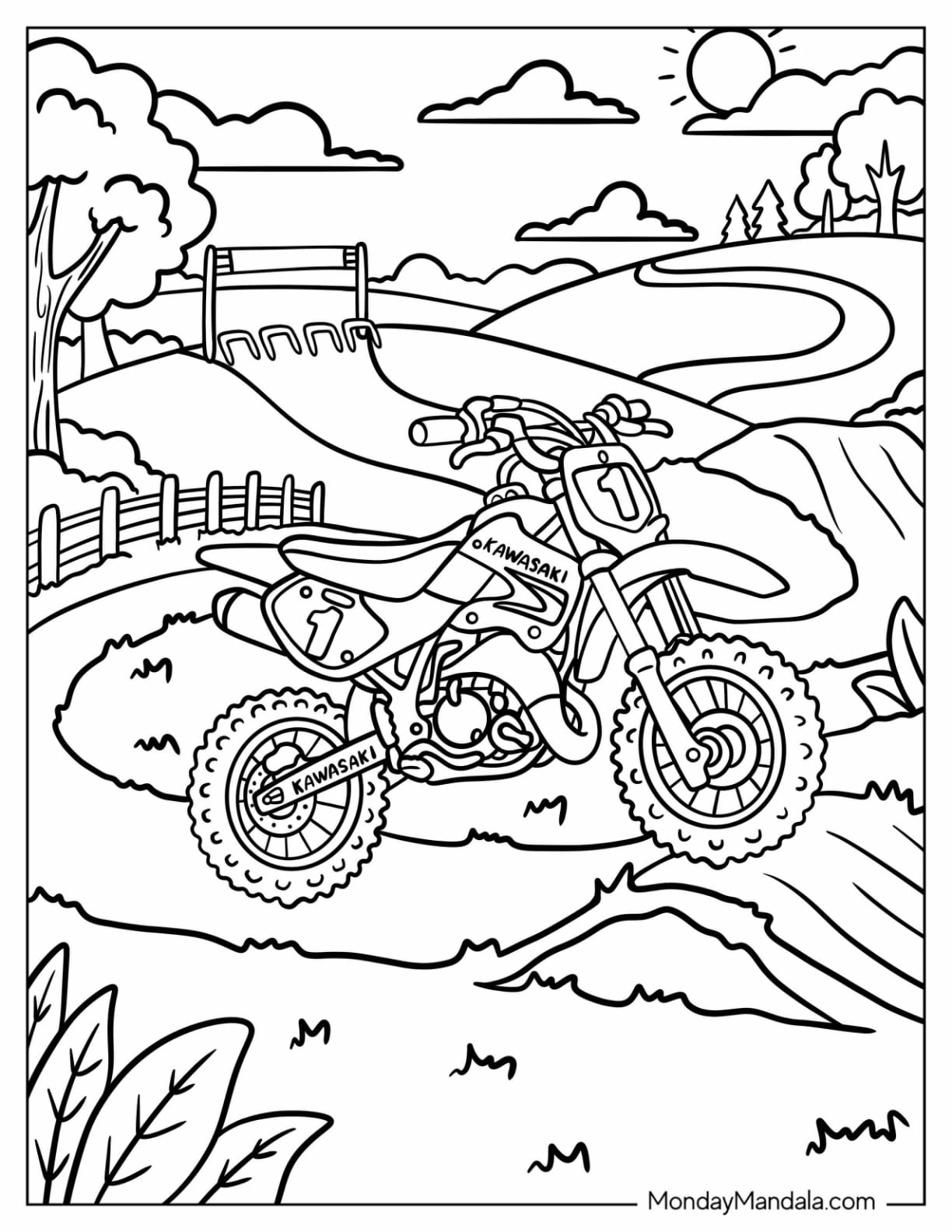 Kawasaki Dirt Bike Number 7 on a Winding Country Trail Coloring Page