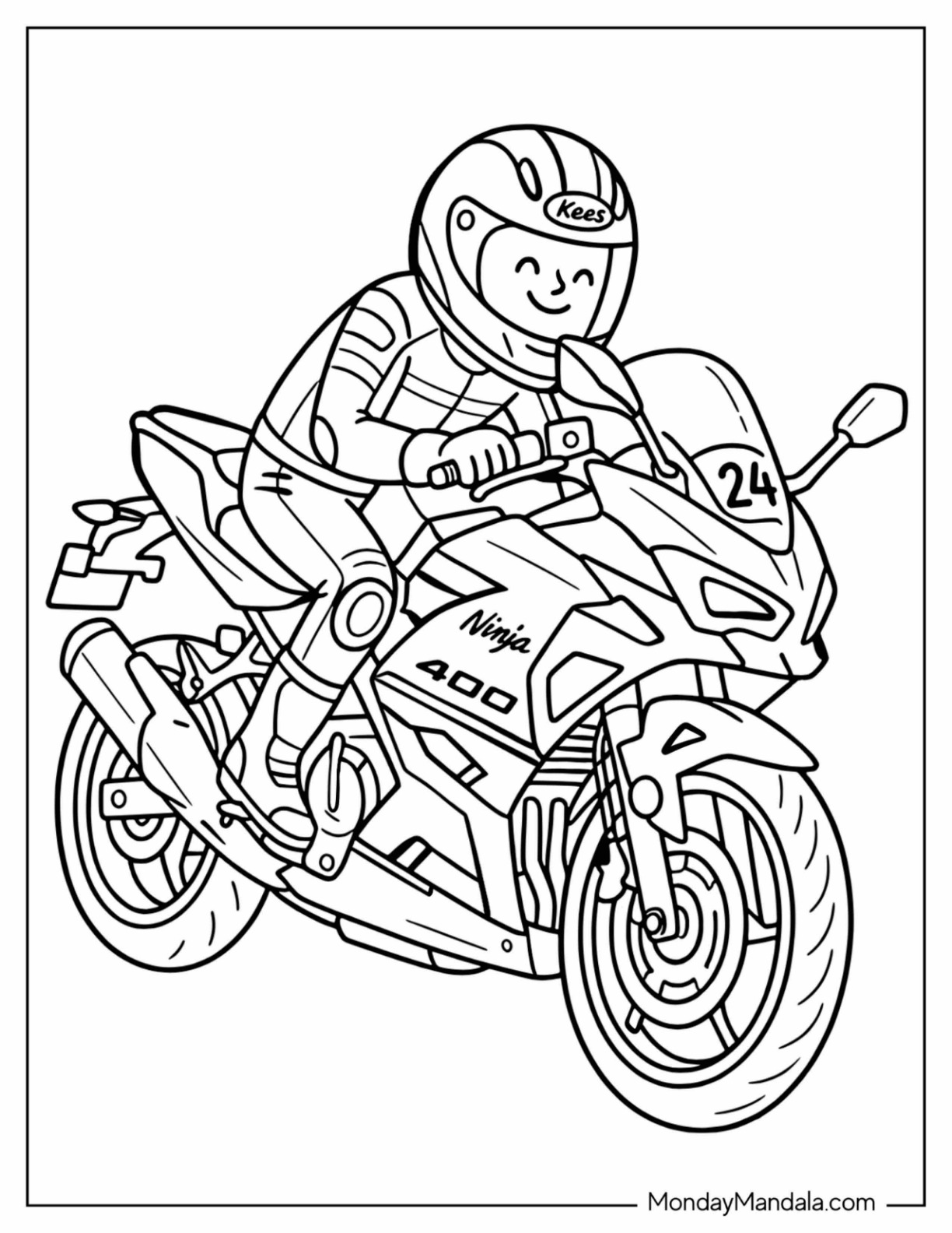 Kawasaki Ninja 400 Motorcycle with Rider Coloring Page for Kids