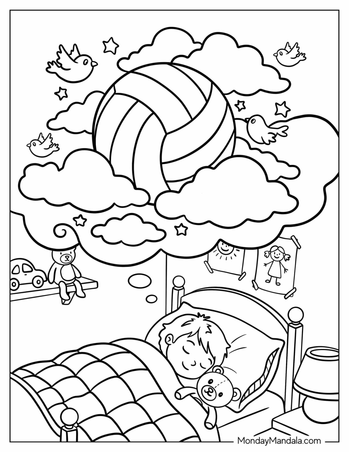 Kid Dreaming of a Giant Volleyball in the Clouds Coloring Page for Kids