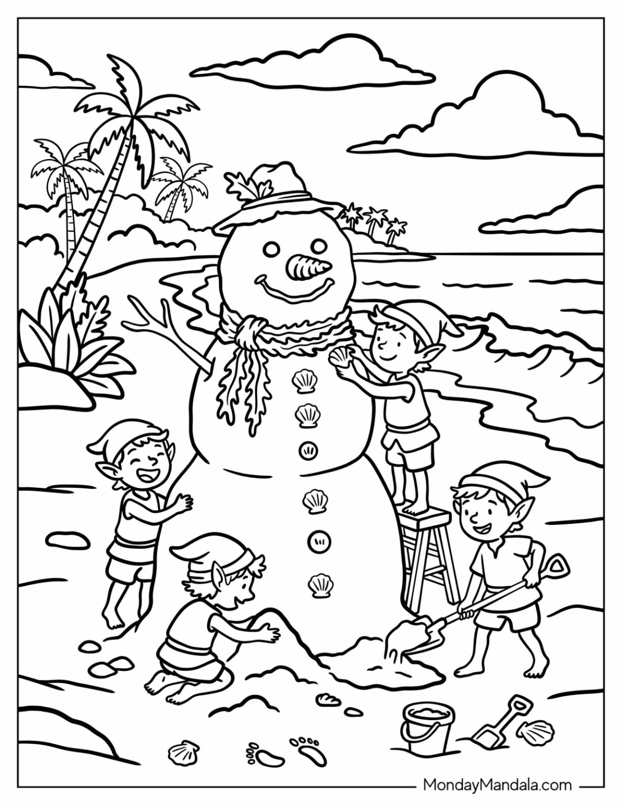 Kids Building a Christmas in July Coloring Page of Sandman at the Beach