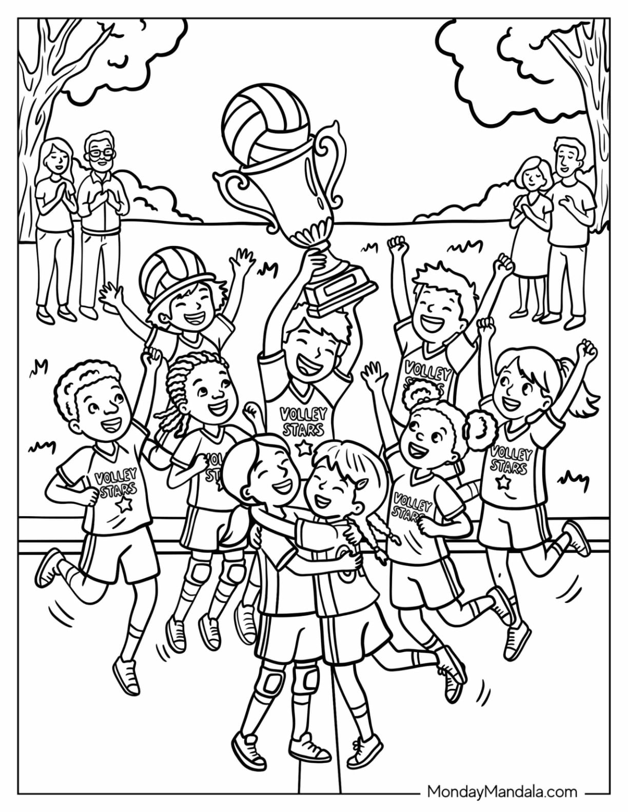 Kids Celebrating a Volleyball Victory with Trophy Coloring Page