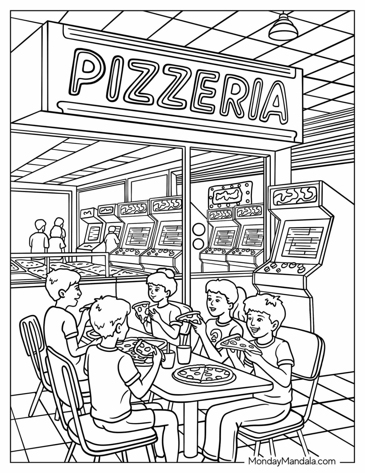 Kids Eating Pizza at Pizzeria with Arcade Machines 80’s Coloring Page