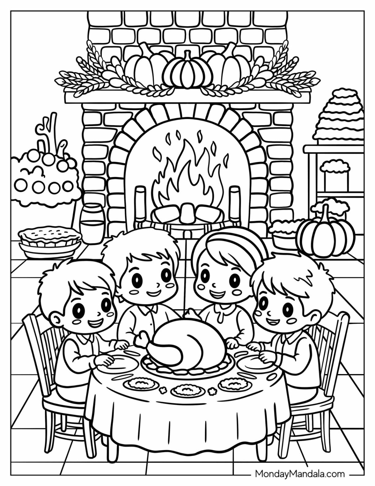 Kids Enjoying Thanksgiving Coloring Page Dinner by the Fireplace for Kids