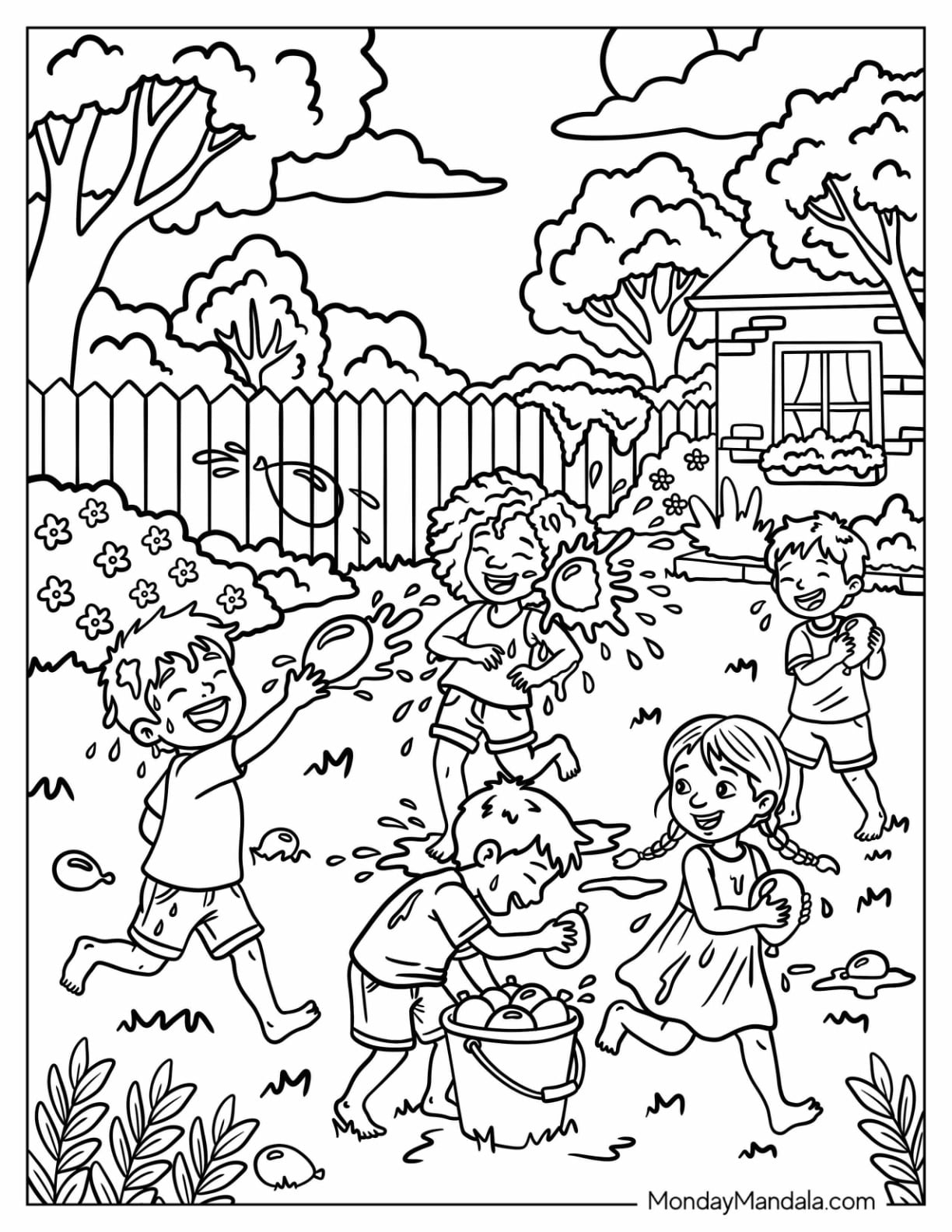 Kids Having a Water Balloon Fight Coloring Page