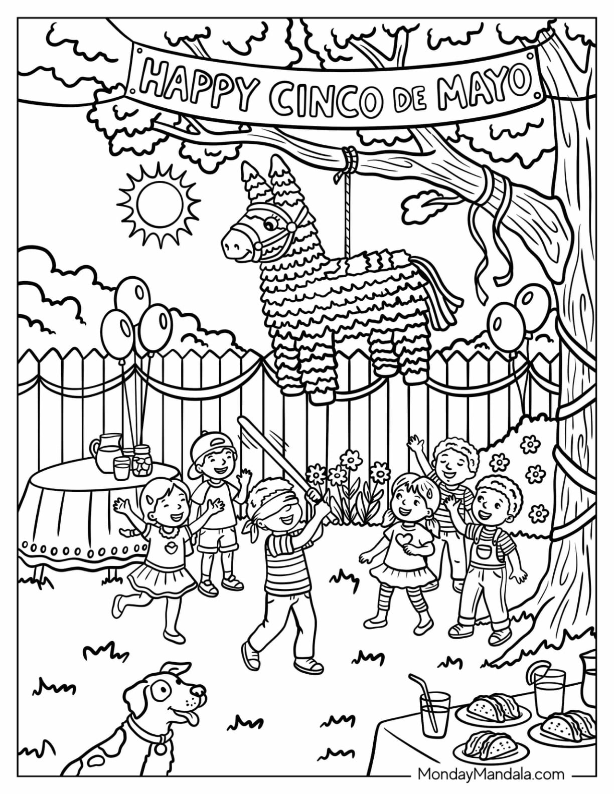 Kids Hitting a Piñata at a Cinco de Mayo Party Coloring Sheet