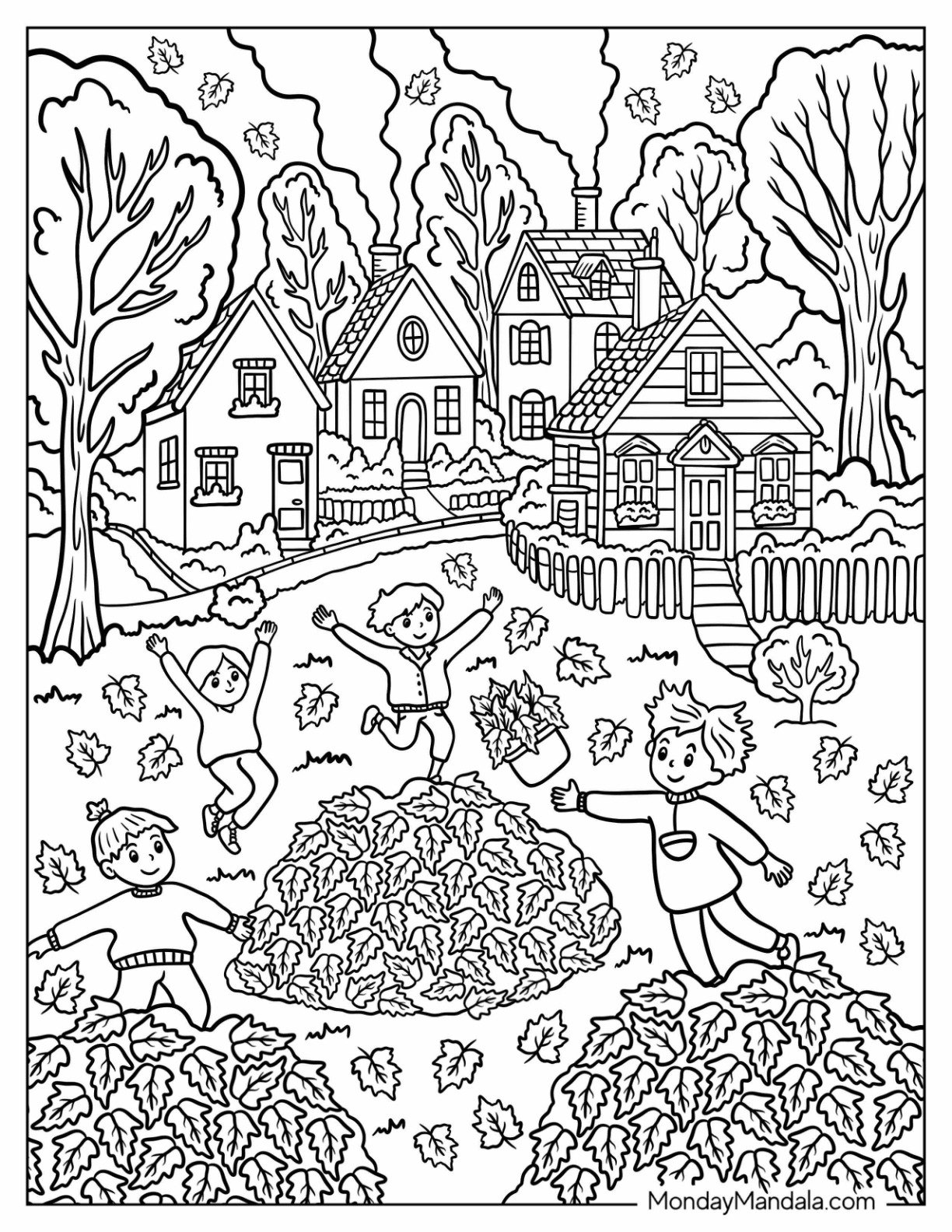 Kids Jumping Into Leaf Piles In A Cozy Autumn Neighborhood Coloring Page