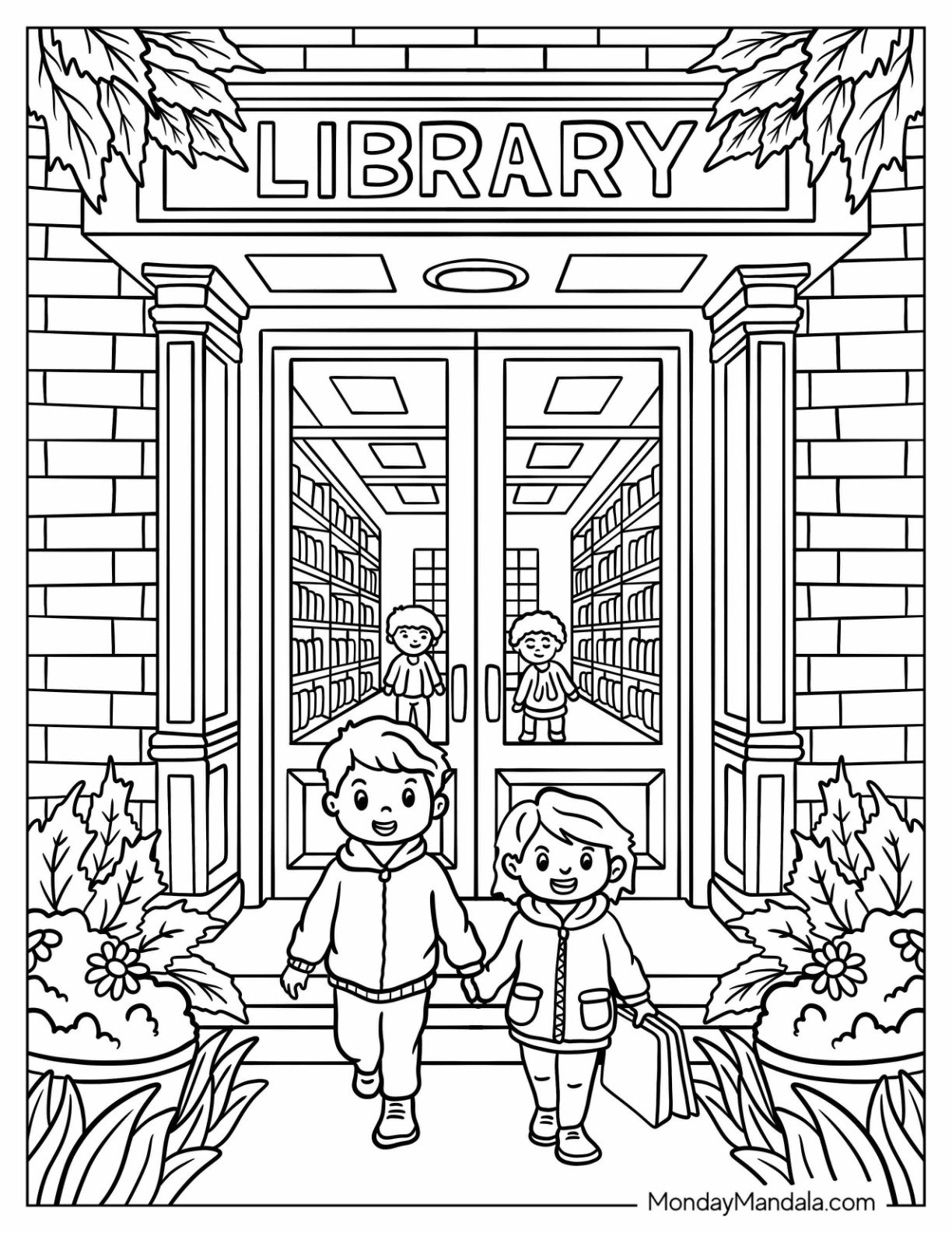 Kids Leaving Library Coloring Page with Books in Hand and Smiles on Their Faces