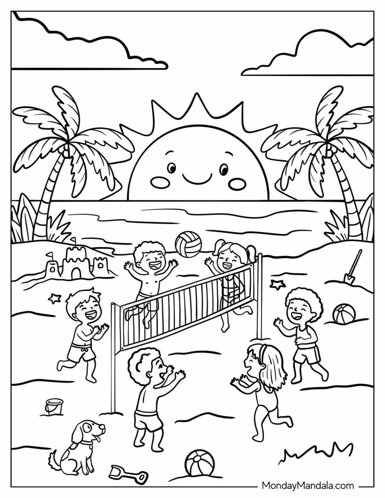 Kids Playing Beach Volleyball at Sunset Coloring Sheet