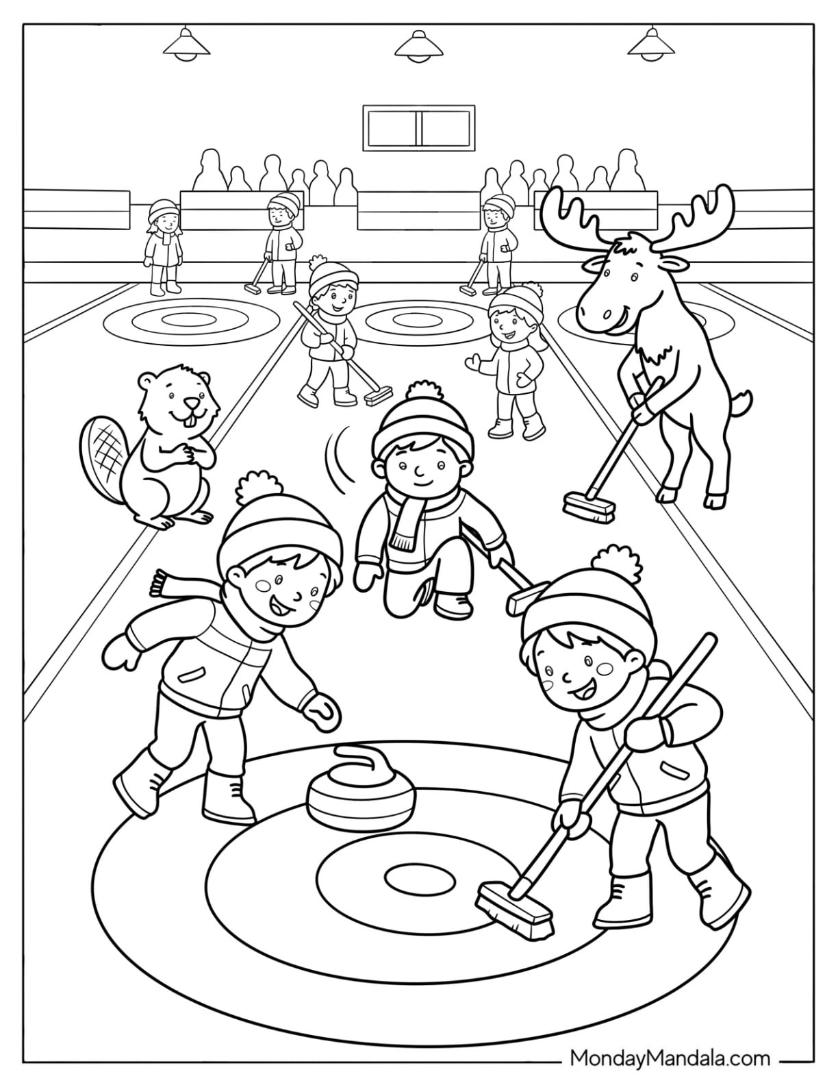 Canada Coloring Page of Kids Playing Curling with Moose and Beaver