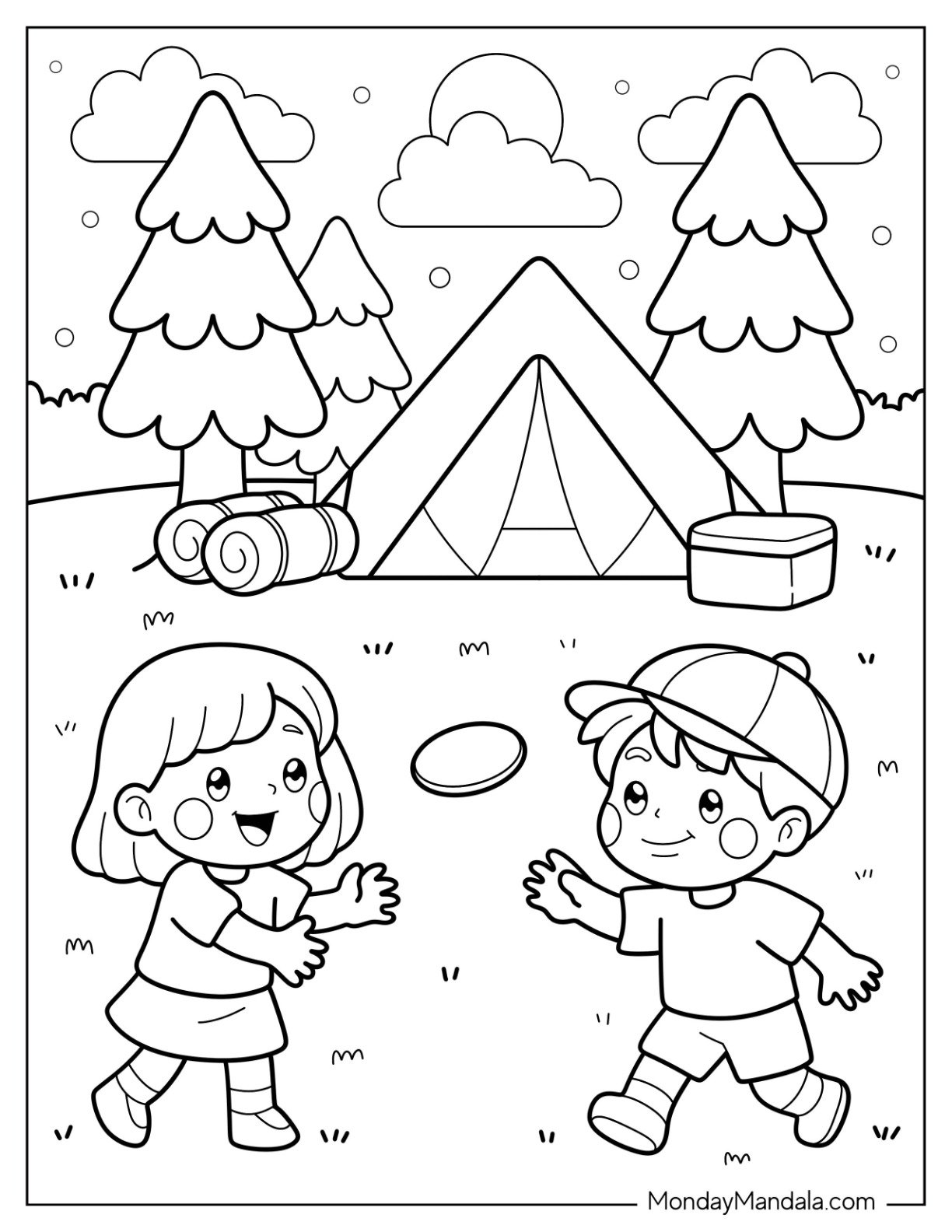 Kids Playing Frisbee at Camping & Hiking Coloring Page Site with Tent and Trees for Preschoolers