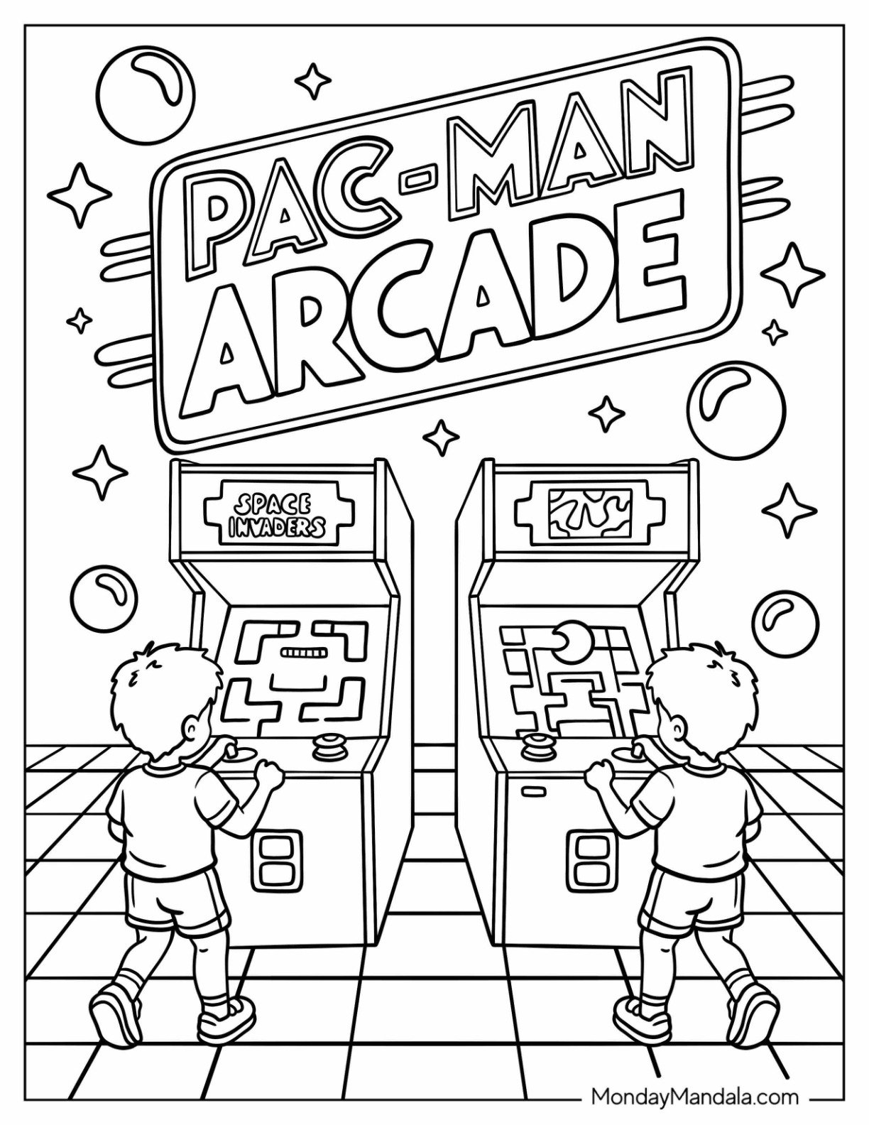 Kids Playing Pac Man and Space Invaders 80’s Coloring Page for Kids