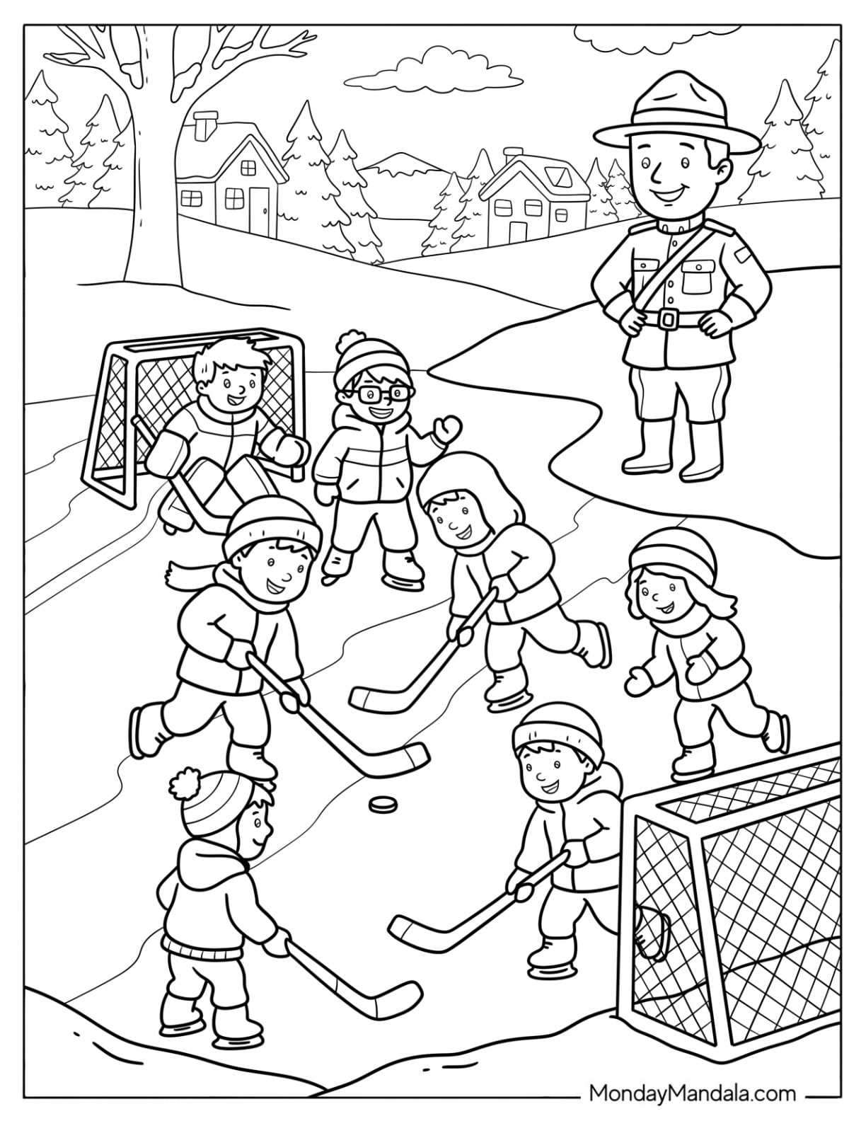 Kids Playing Street Hockey with Mountie Coach in Canada Coloring Page