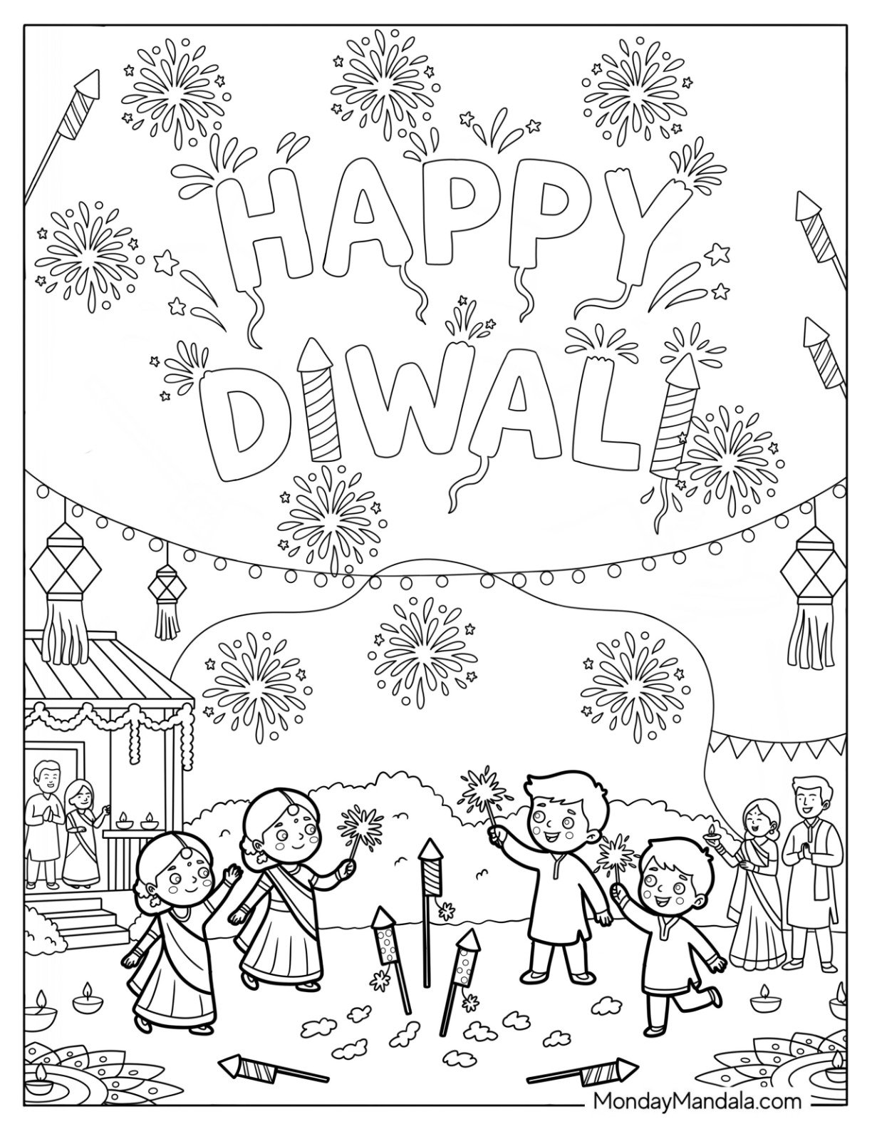 Kids Playing with Fireworks During Diwali Coloring Page for Kids
