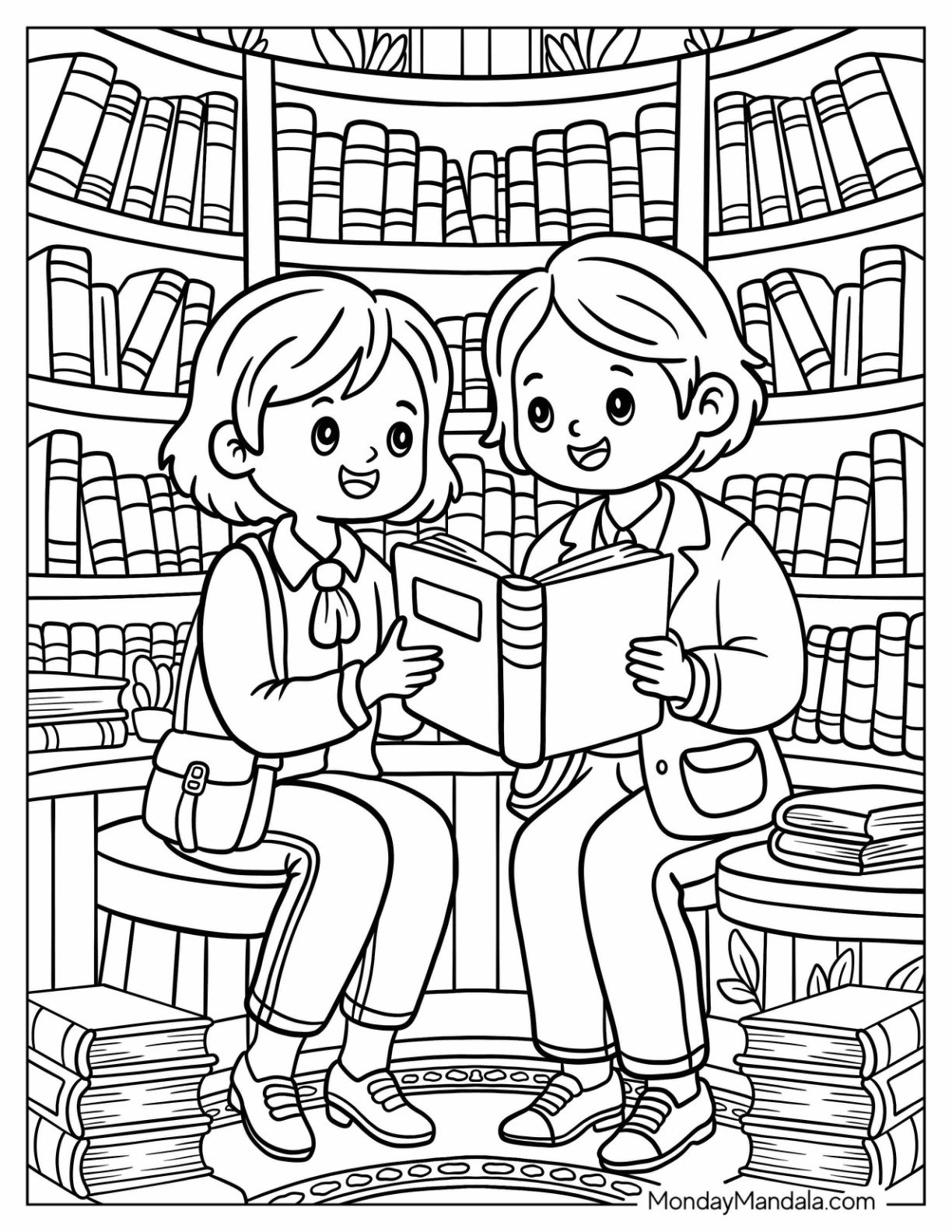 Kids Reading Together in Cozy Library Coloring Page with Curved Bookshelves and Stacked Books for Kids
