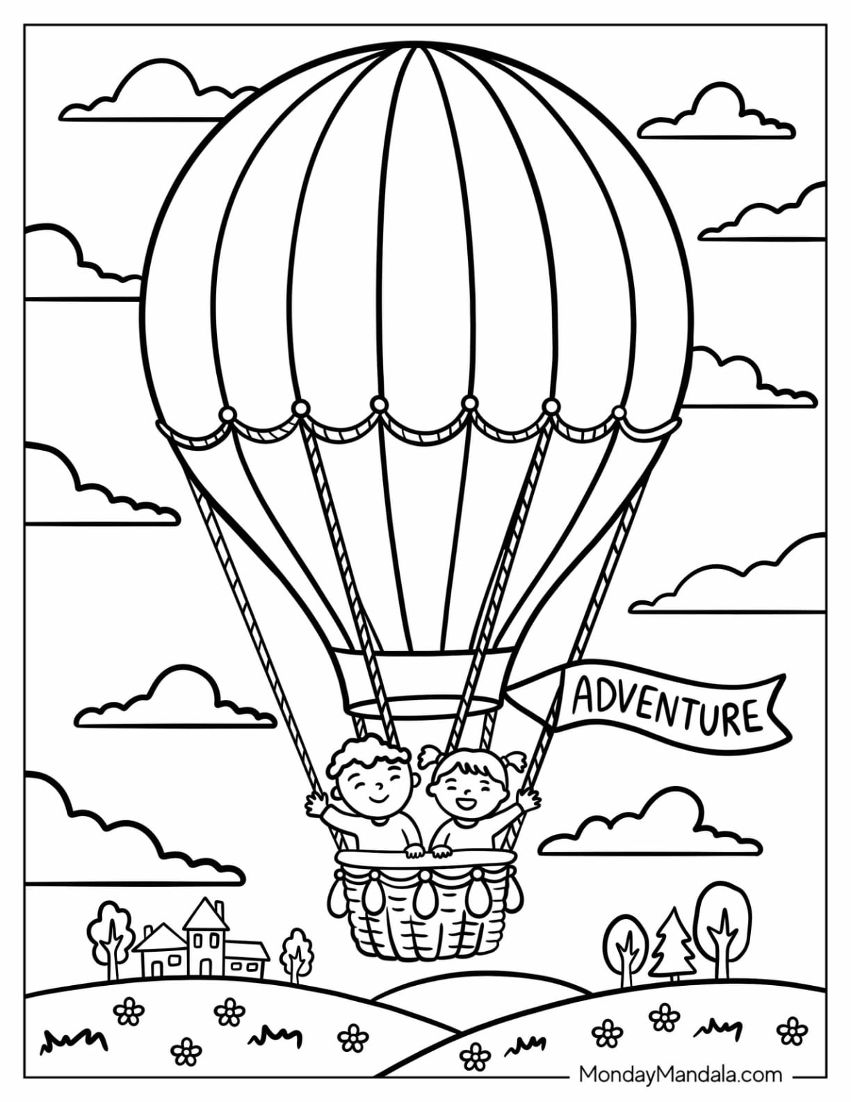 Kids Riding a Hot Air Balloon Over the Countryside Coloring Sheet