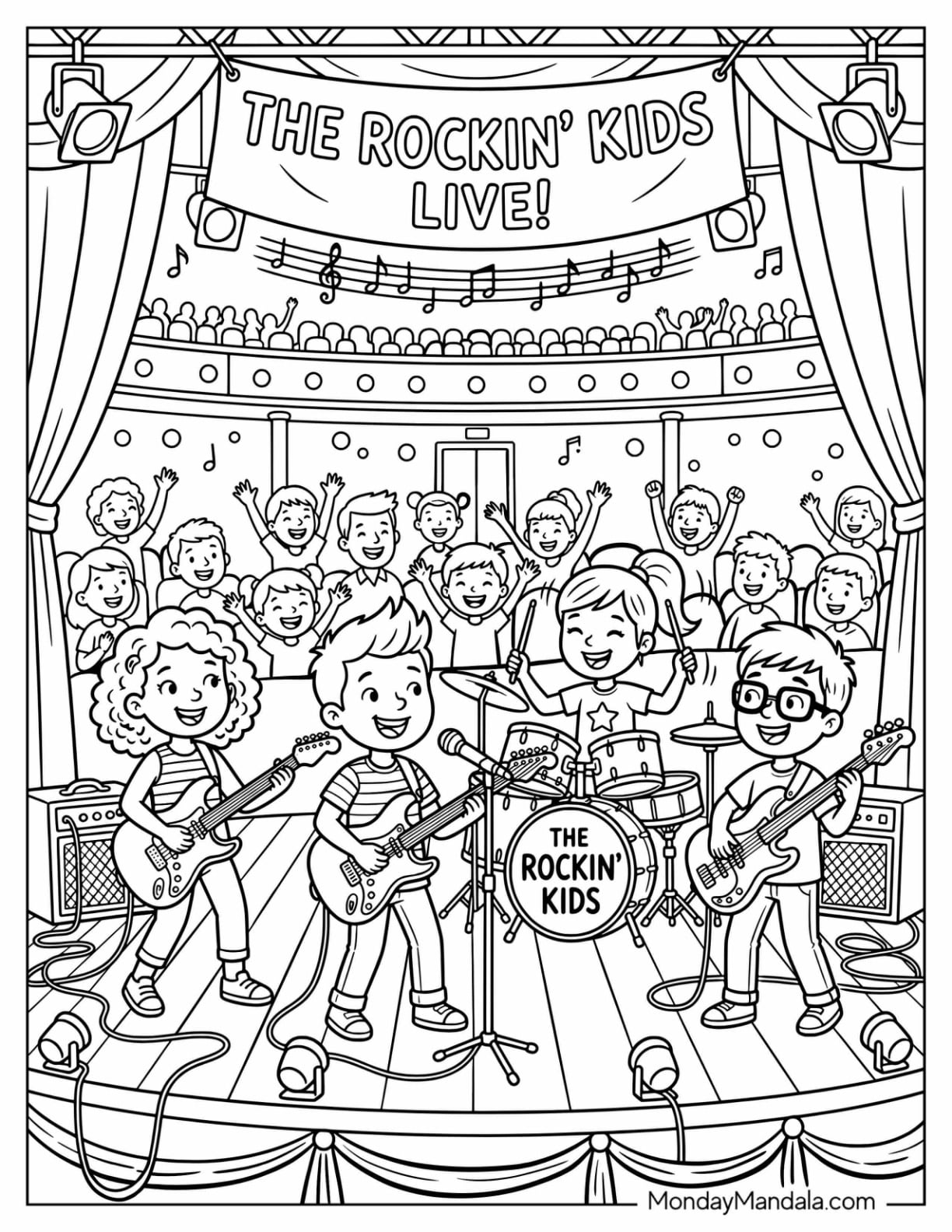 Kids Rock Band Performing Live on Stage Coloring Page