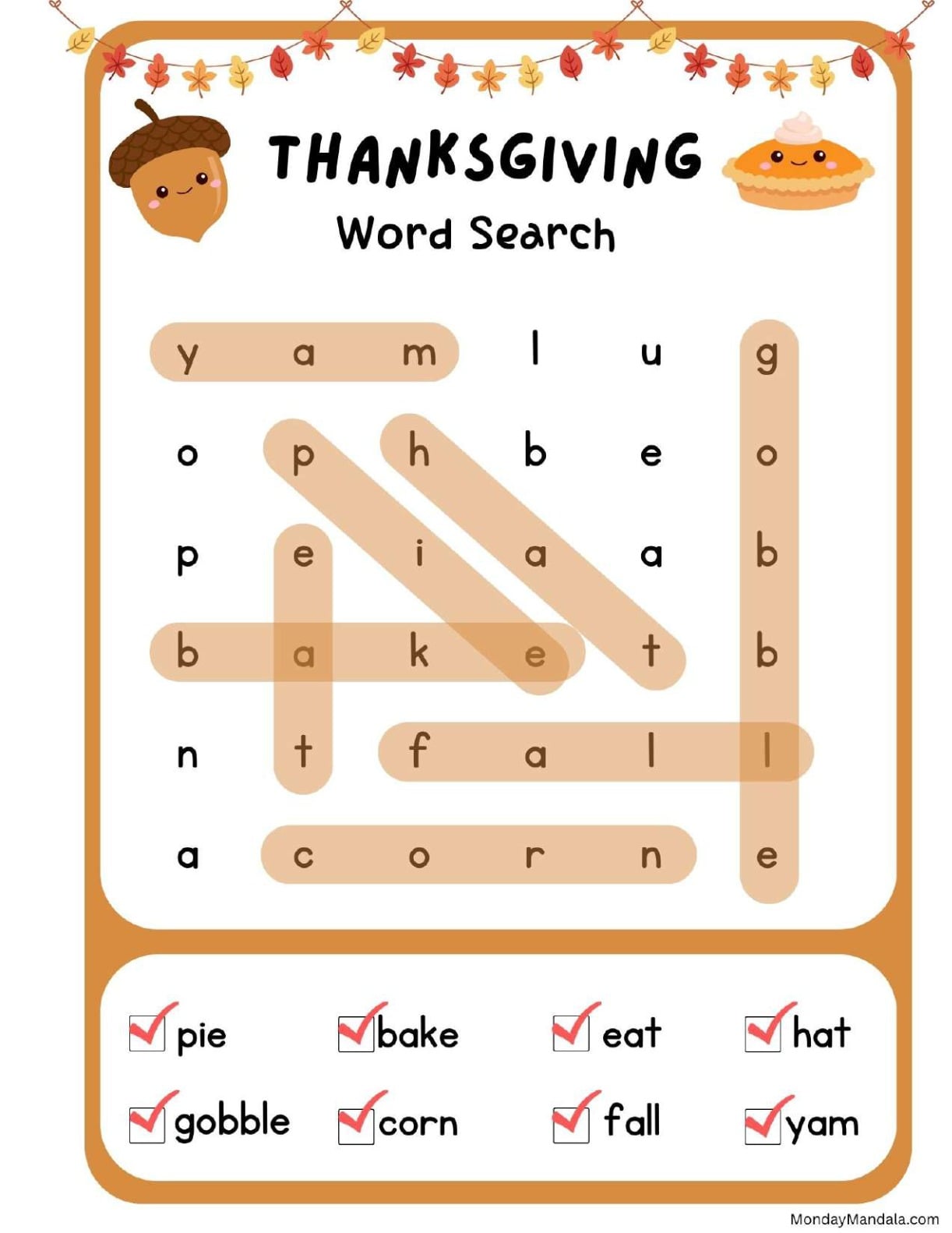 Kids Thanksgiving Word Search Answer Key
