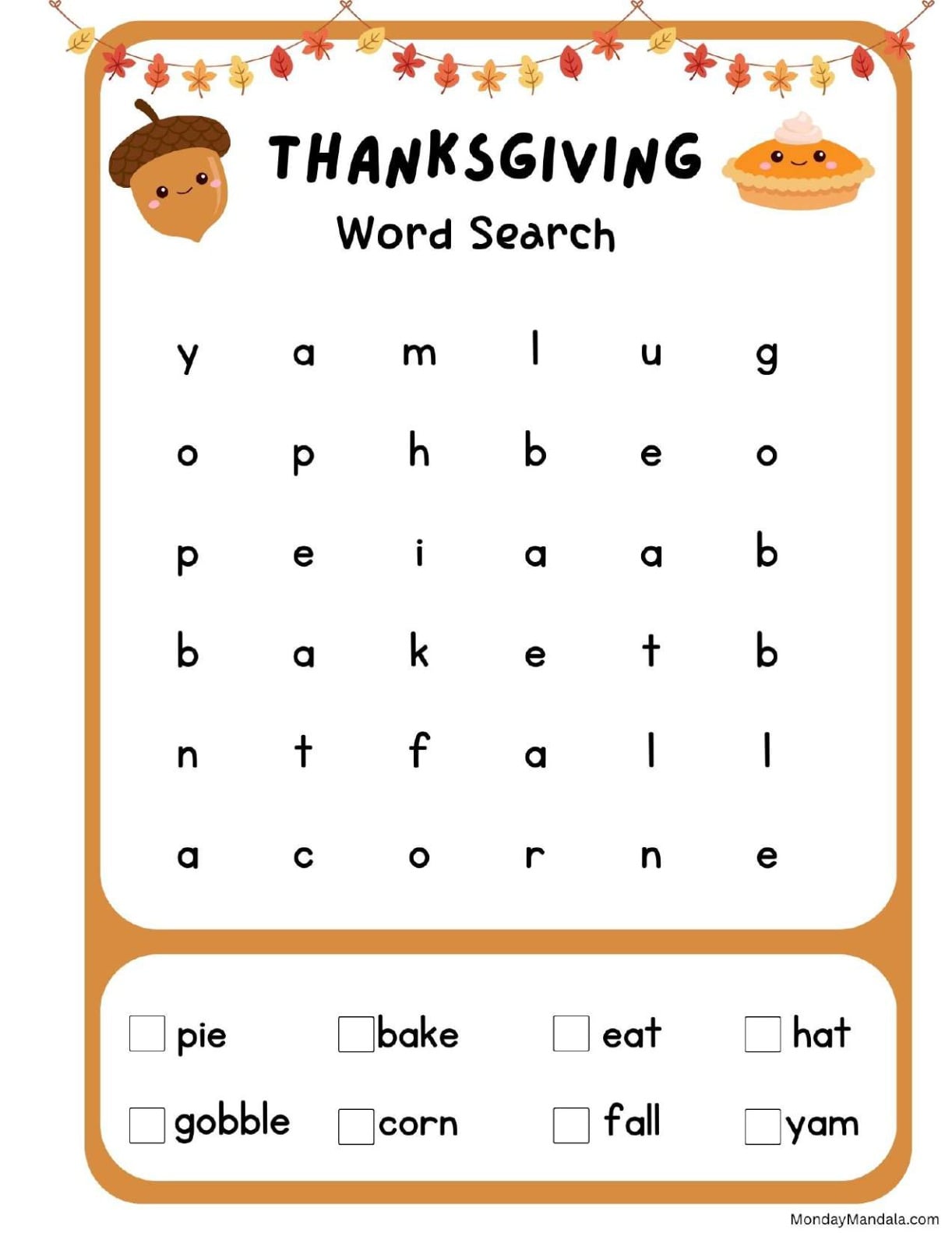 Kids Thanksgiving Word Search