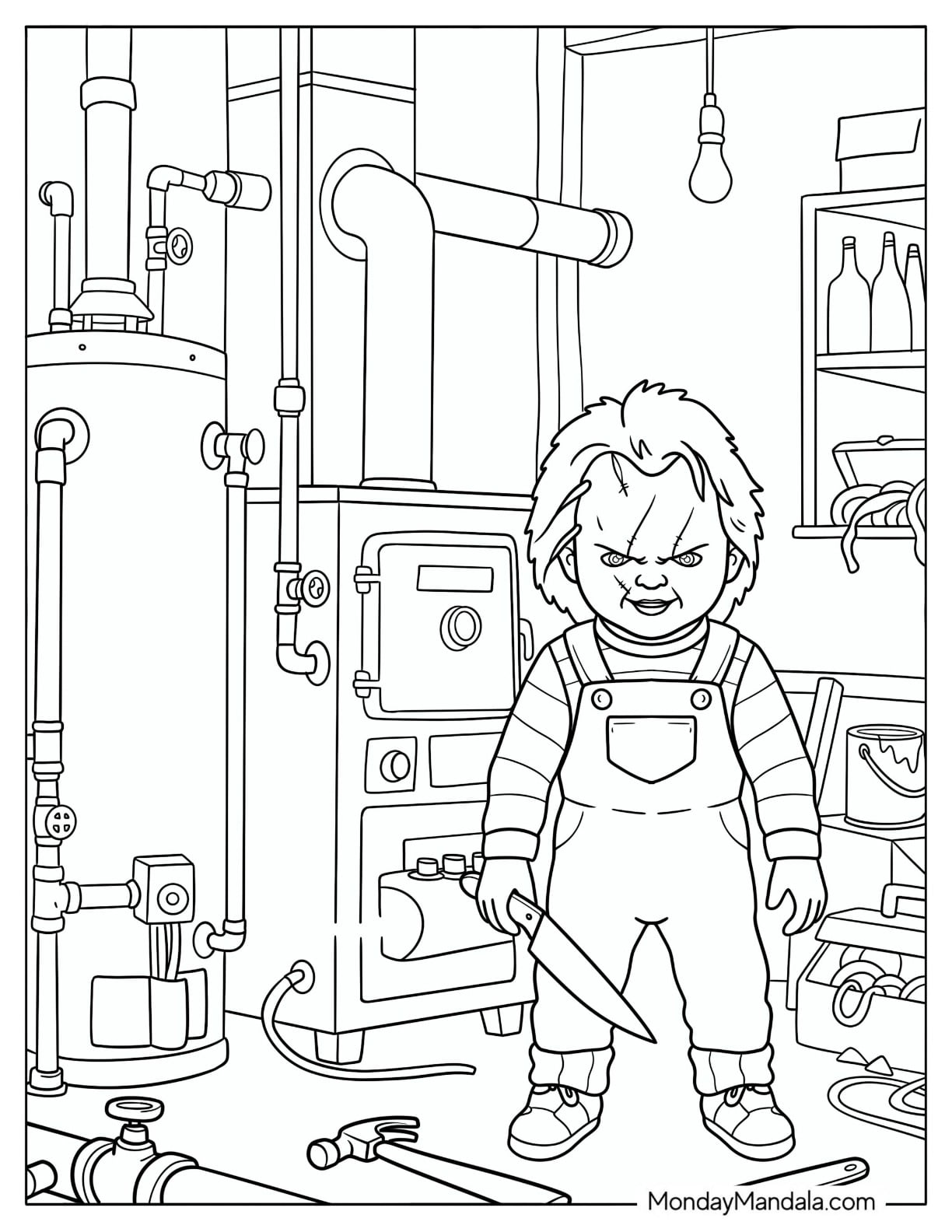 Killer Chucky Coloring Page in a Basement