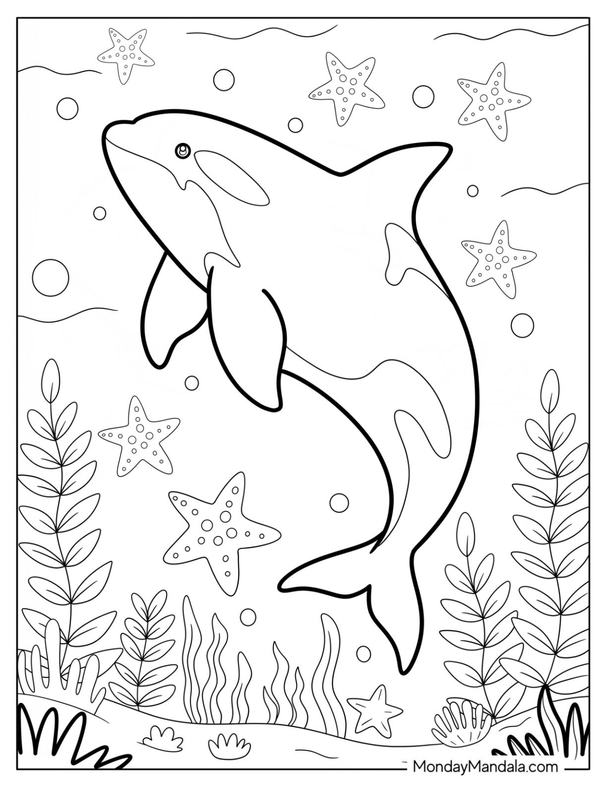 Killer Whale Swimming with Starfish Coloring Page for Kids