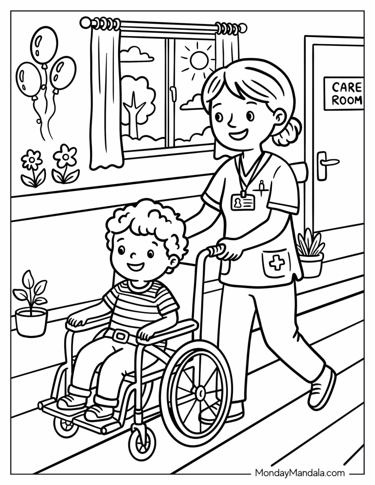 Kind Nurse Pushing a Boy s Wheelchair Coloring Page