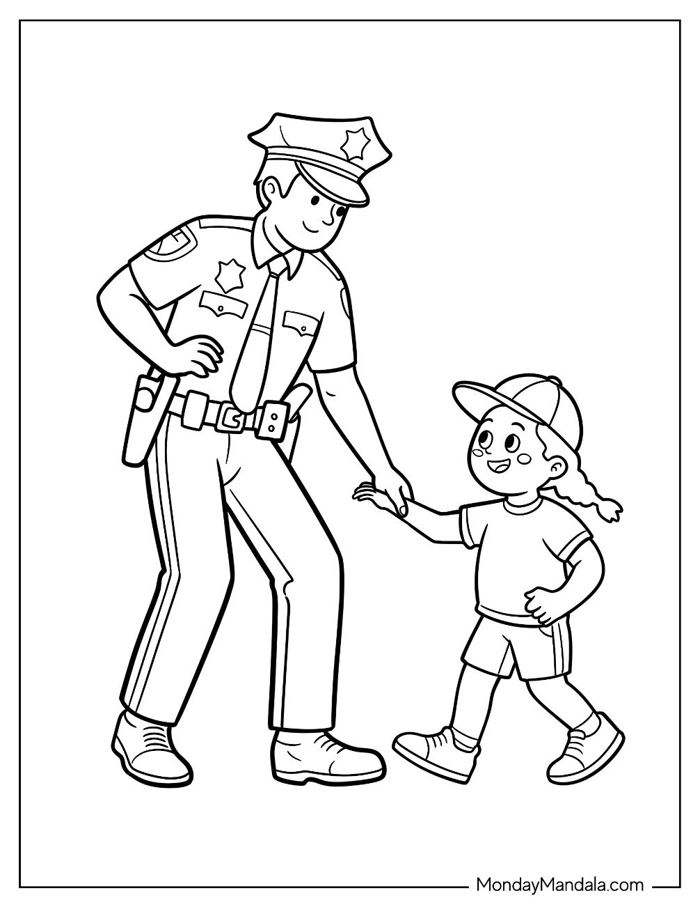 People Coloring Page of Kind Policeman Helping A Little Girl For Kids
